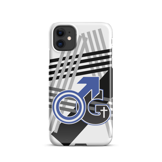 Front of iPhone snap case with white background, gray and black diagonal lines and image representing 'Man of God' in blue white and black