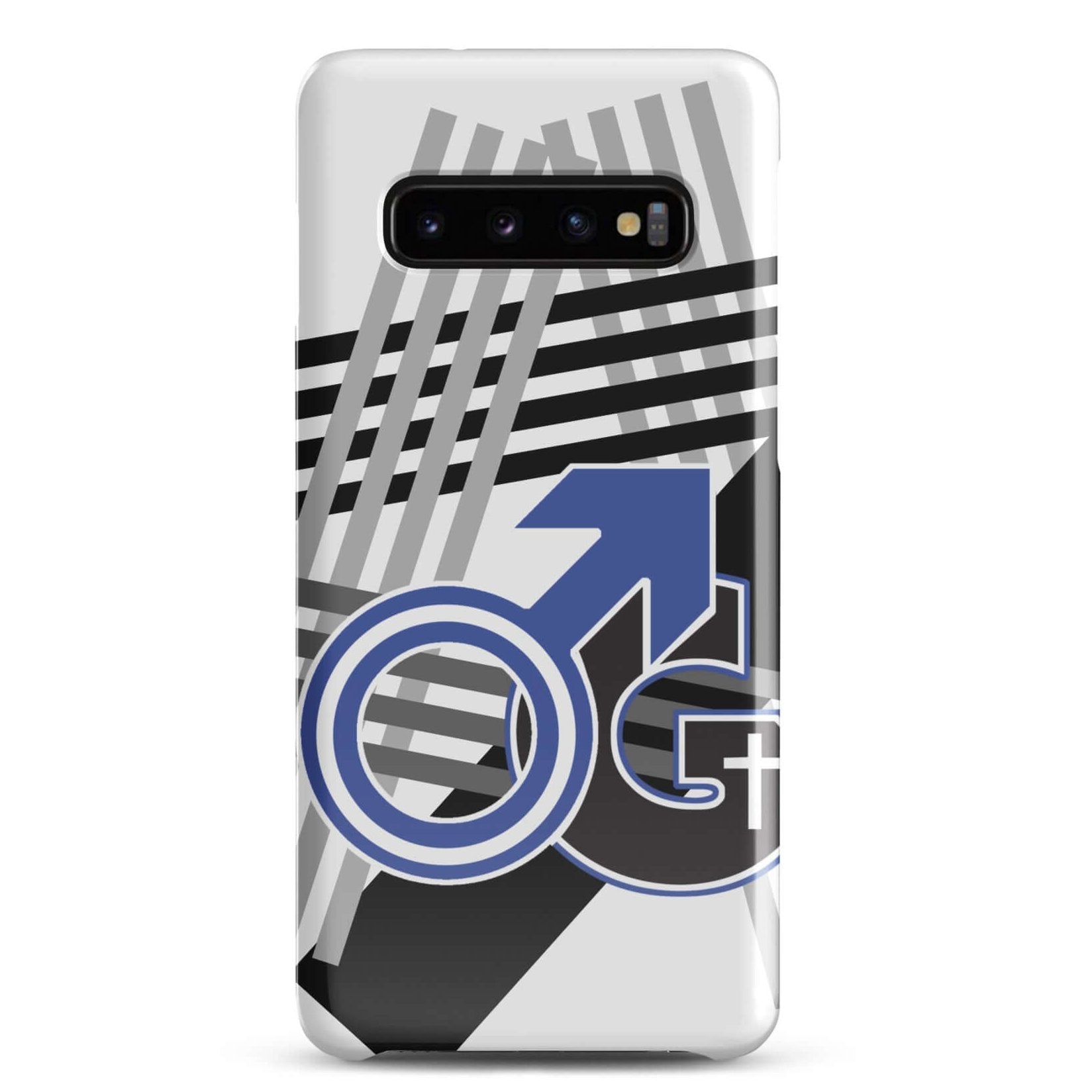 Front of Samsung snap case with white background, gray and black diagonal lines and image representing 'Man of God' in blue white and black