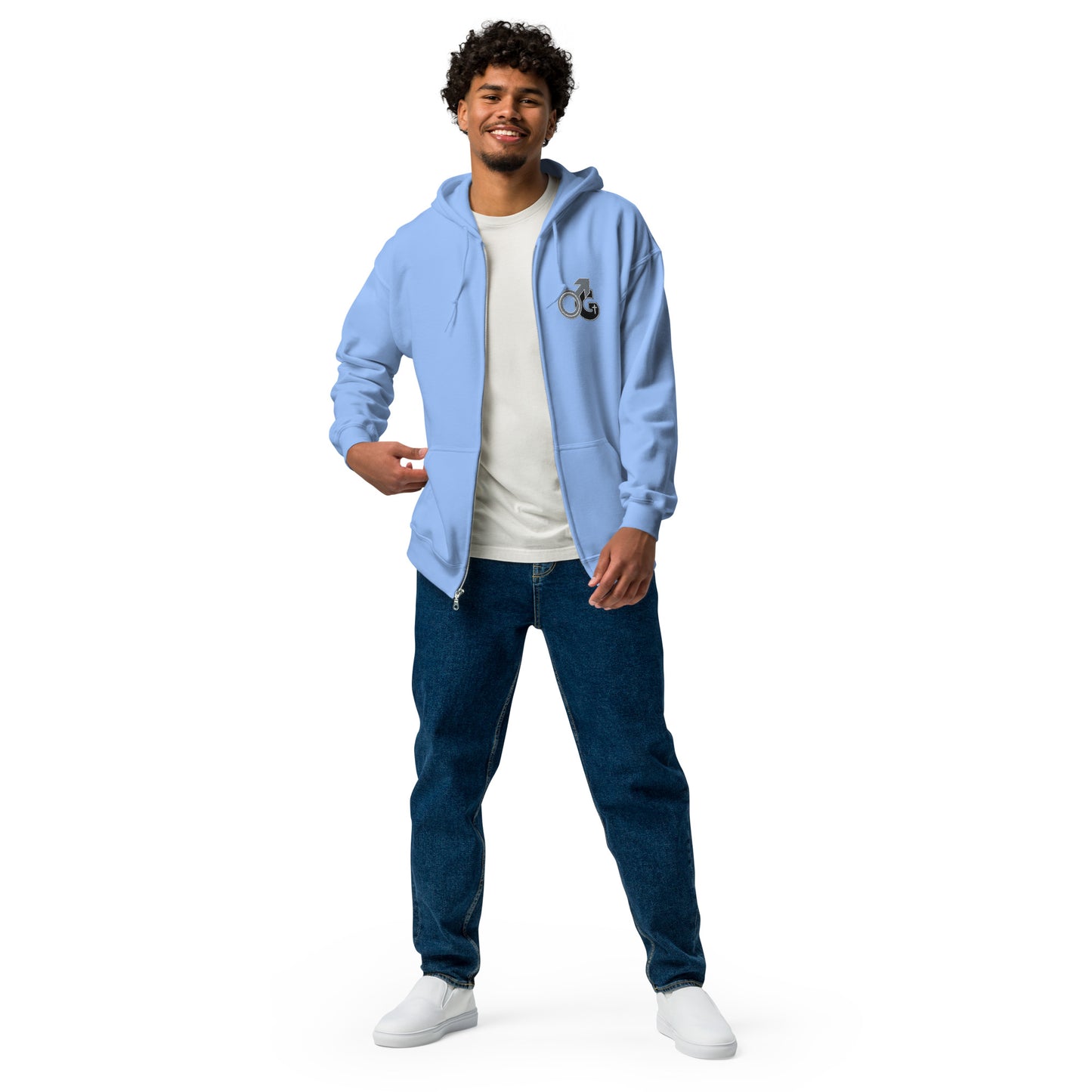 Front of carolina blue zipped hoodie with embroidered image depicting Man of God on top left