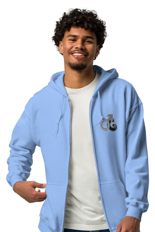 Front of carolina blue zipped hoodie with embroidered image depicting Man of God on top left
