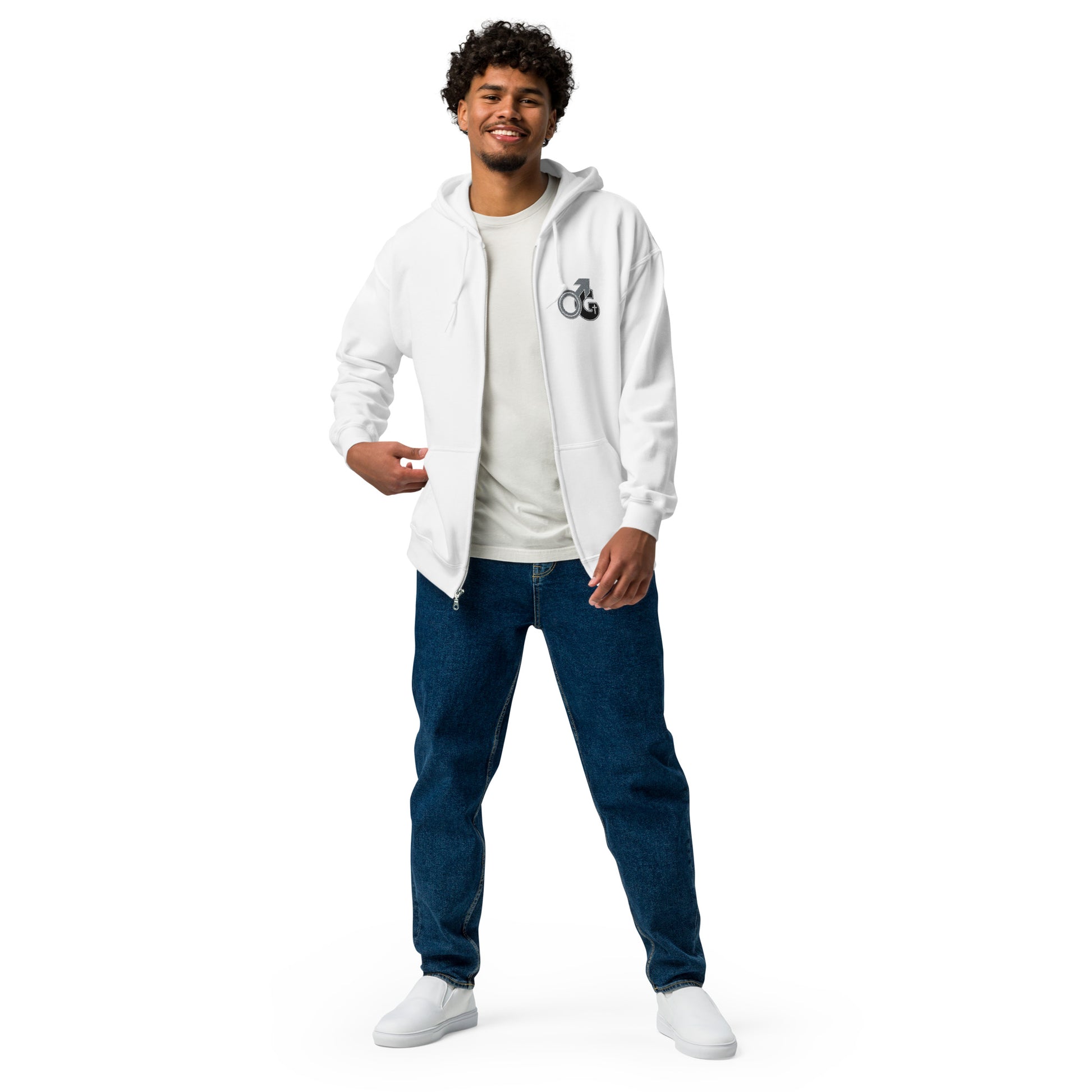 Front of white zipped hoodie with embroidered image depicting Man of God on top left