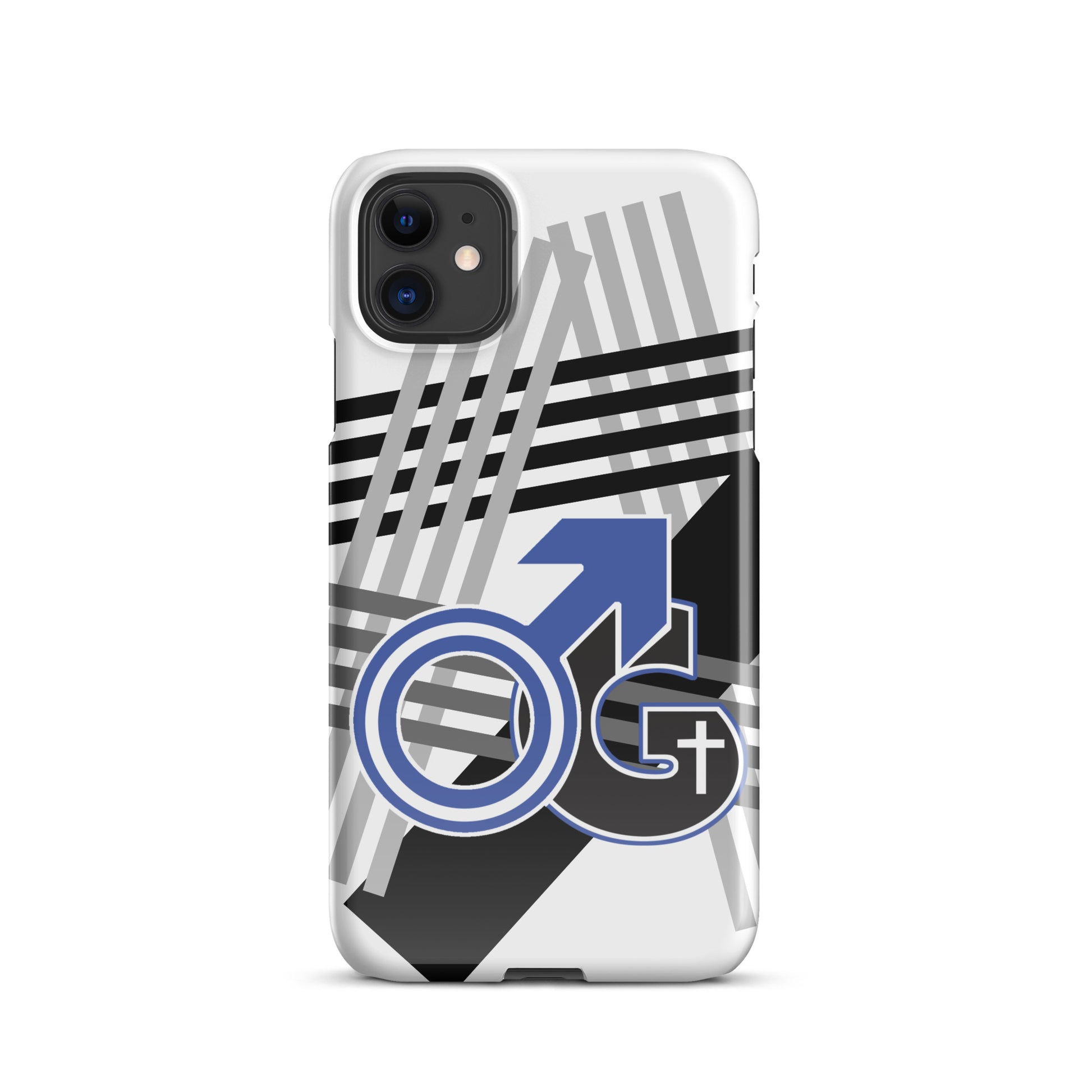 Front of iPhone snap case with white background, gray and black diagonal lines and image representing 'Man of God' in blue white and black