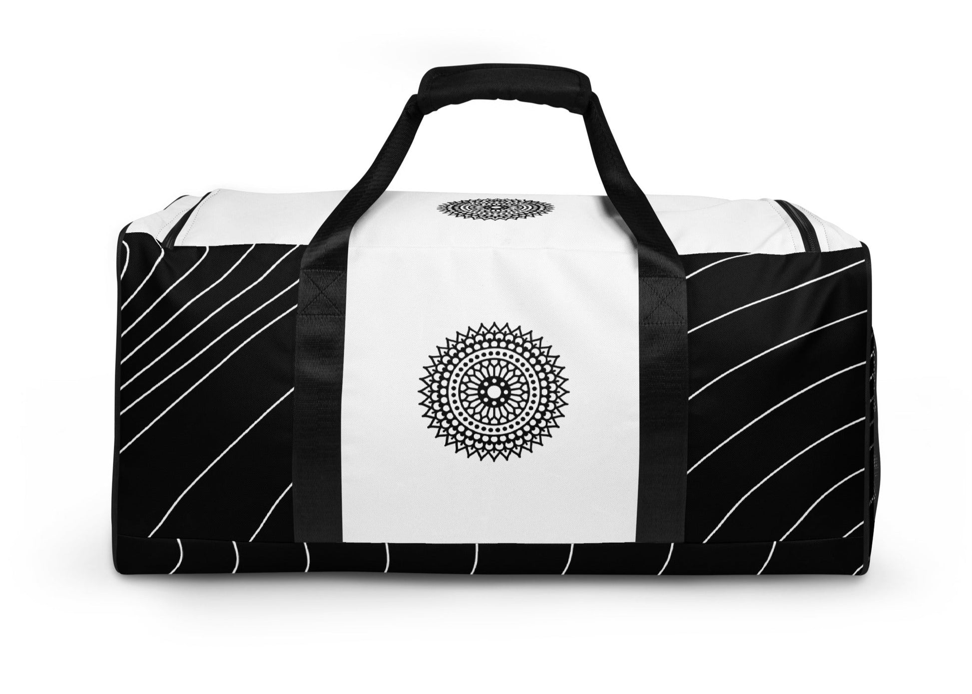 Back of black and white print duffle bag with black mandala