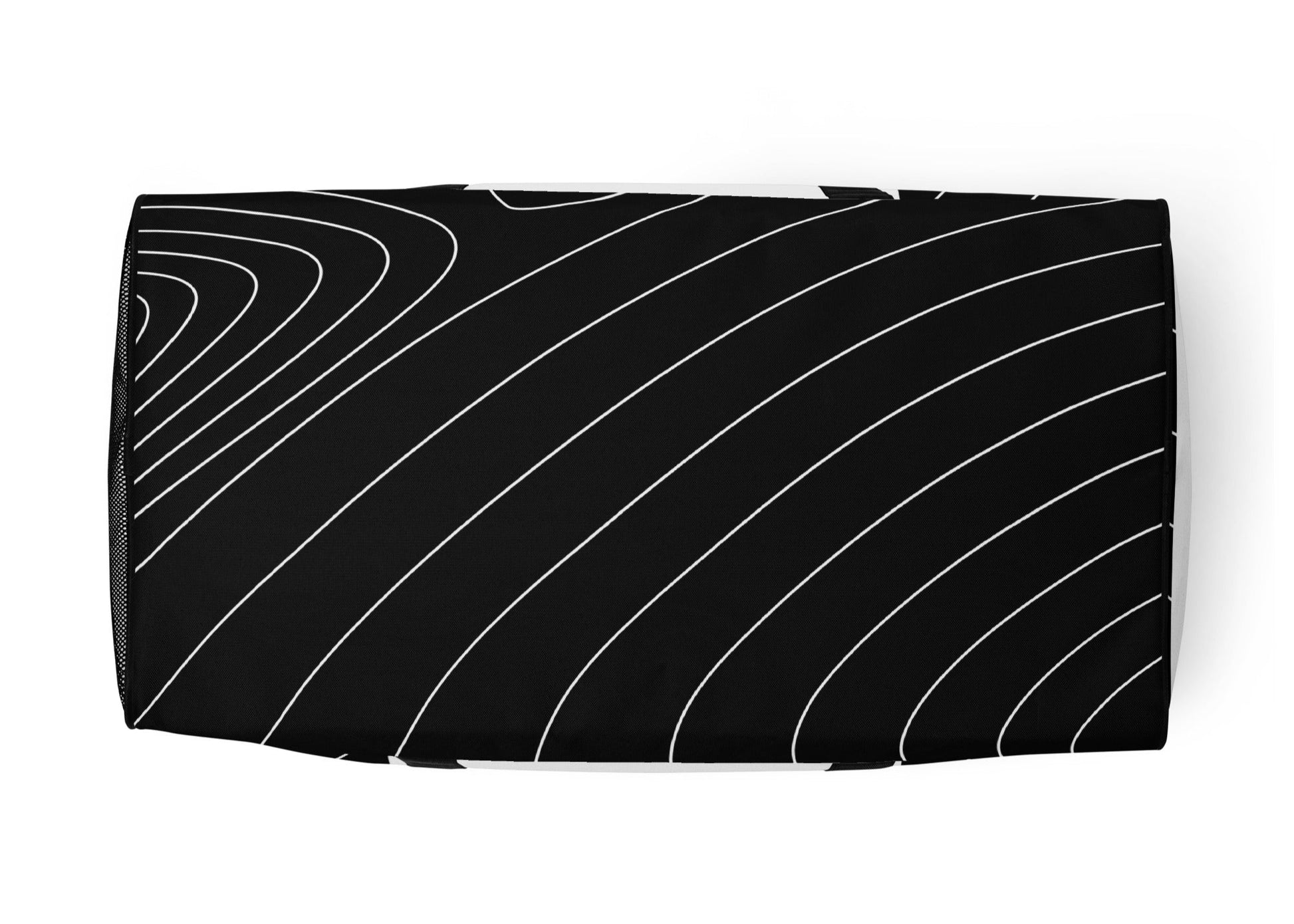 Bottom of black and white print duffle bag