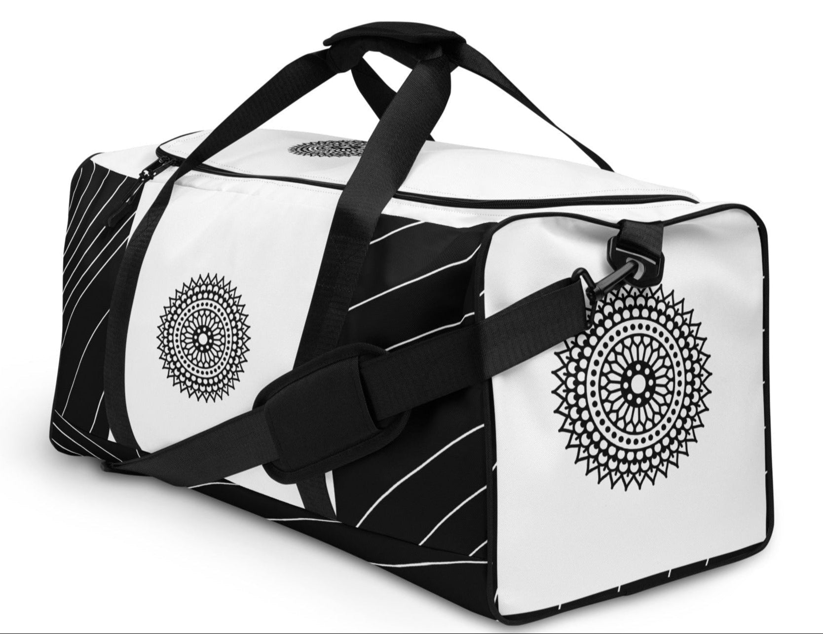 Left front of black and white print duffle bag with black mandala