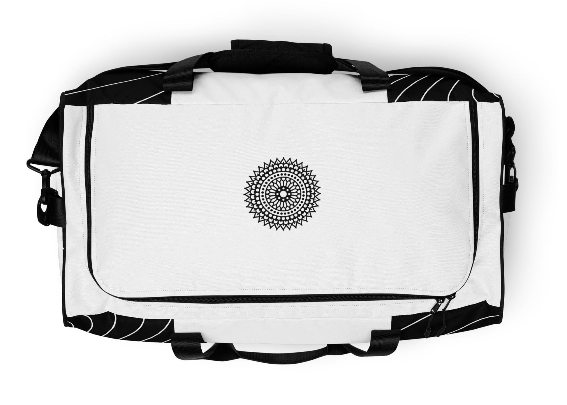 Top of black and white print duffle bag with black mandala