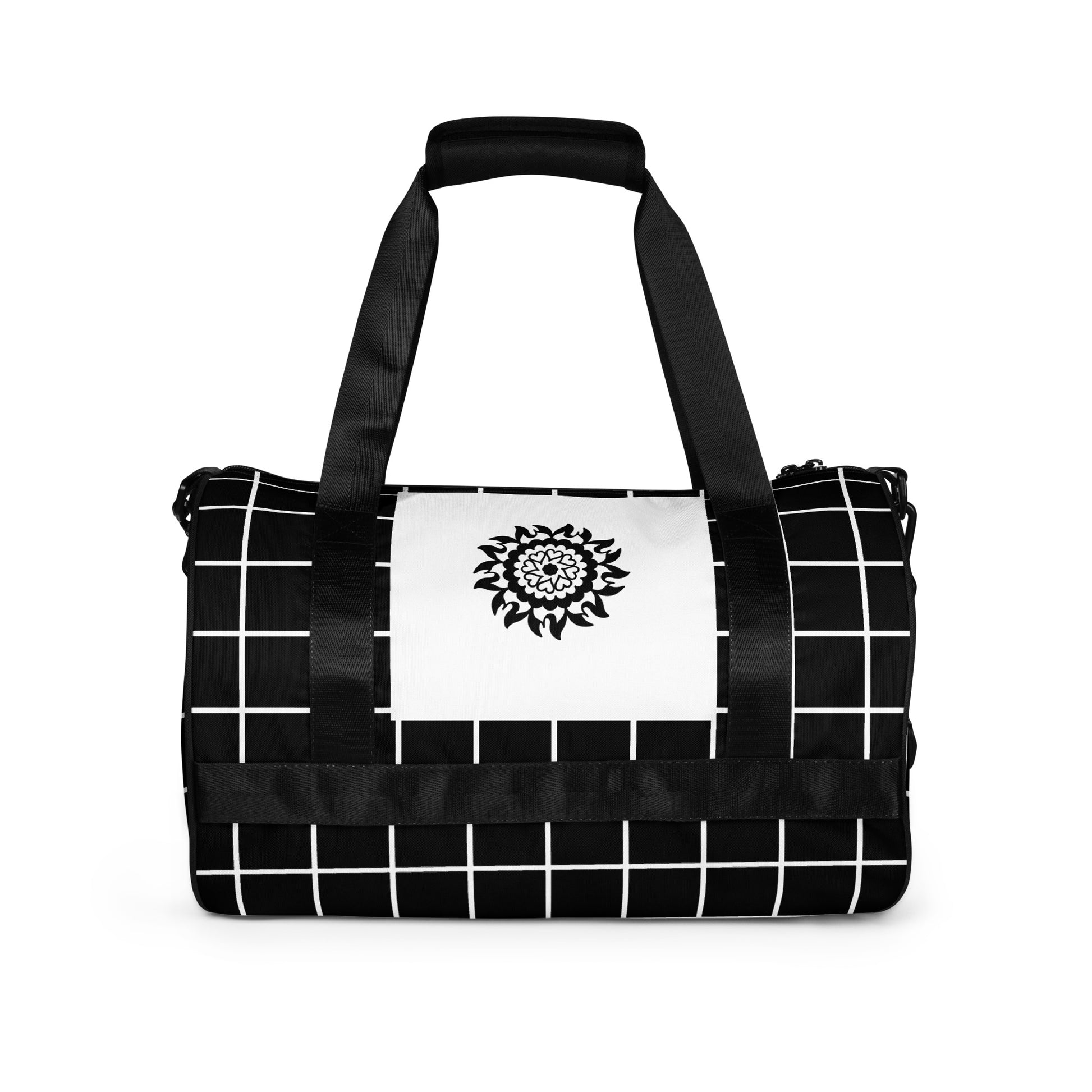 Back of black and white print gym bag with black mandala 