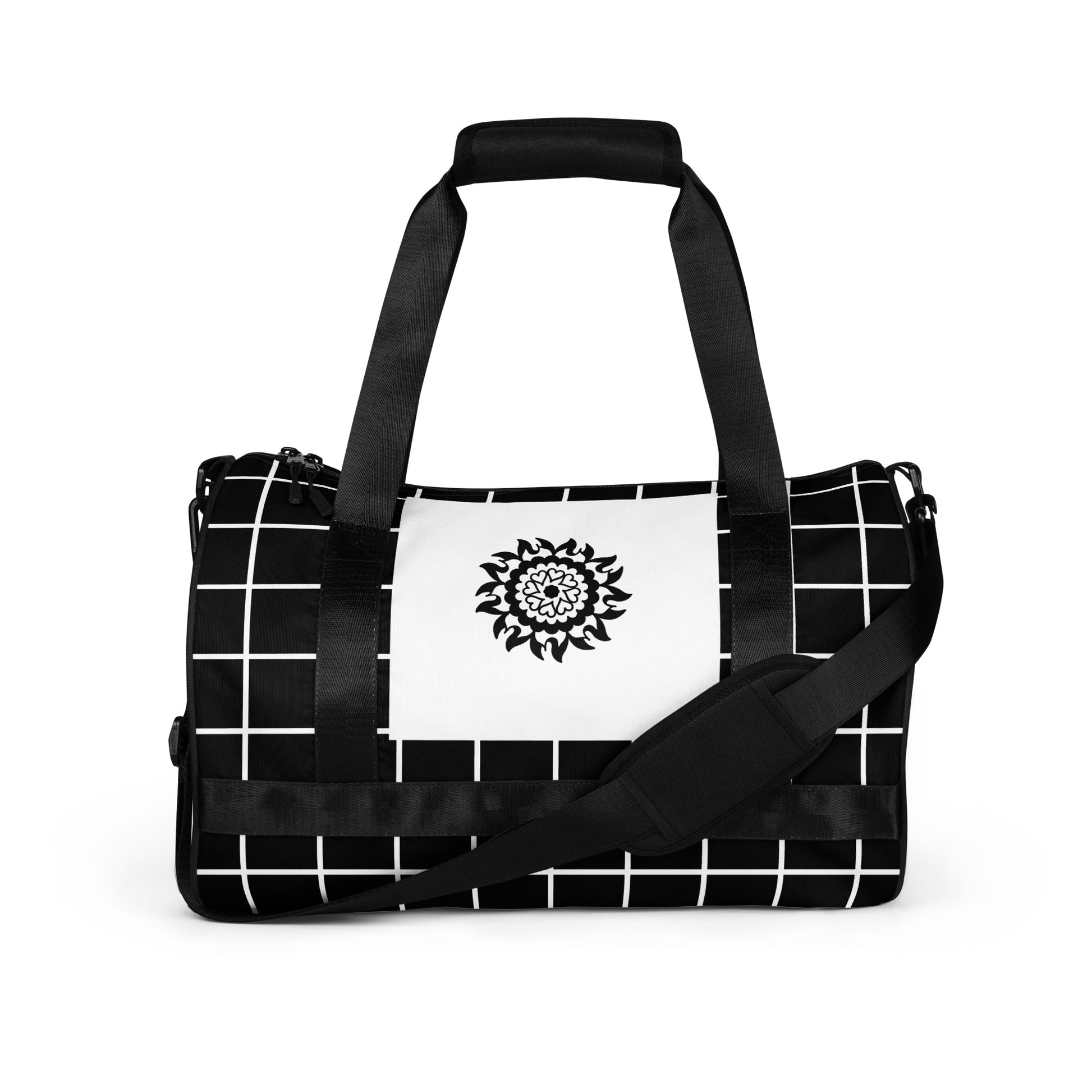 Front of black and white print gym bag with black mandala 