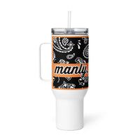 M is for Manly Paisely in B&W With Orange Travel Mug w/Handle, 40 oz