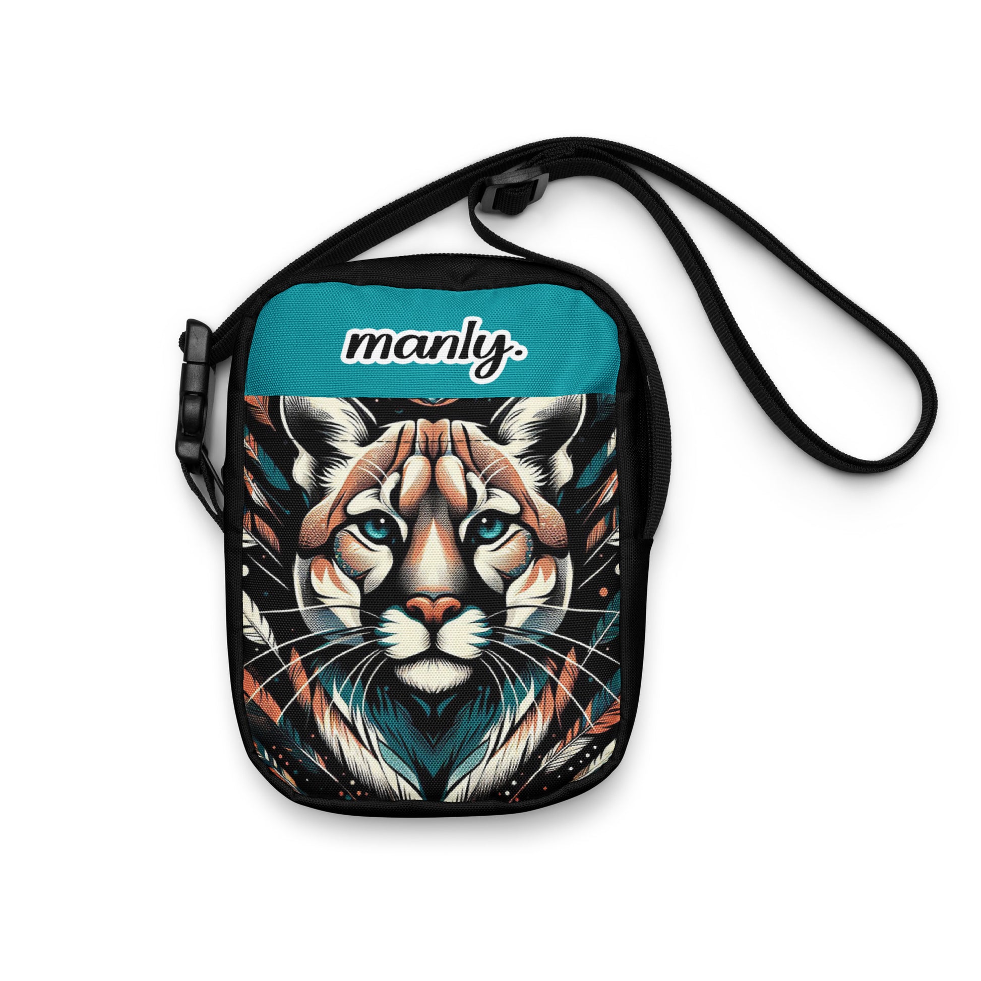 Front view of Manly Cougar Utility Crossbody Bag in turquoise blue and black with head shot of a cougar and text "manly" at top