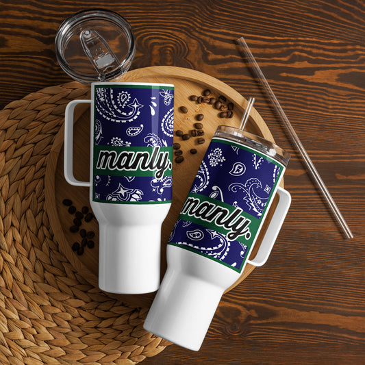 Two travel mugs with navy paisley backgrounds and word "manly' in black and green banner behind