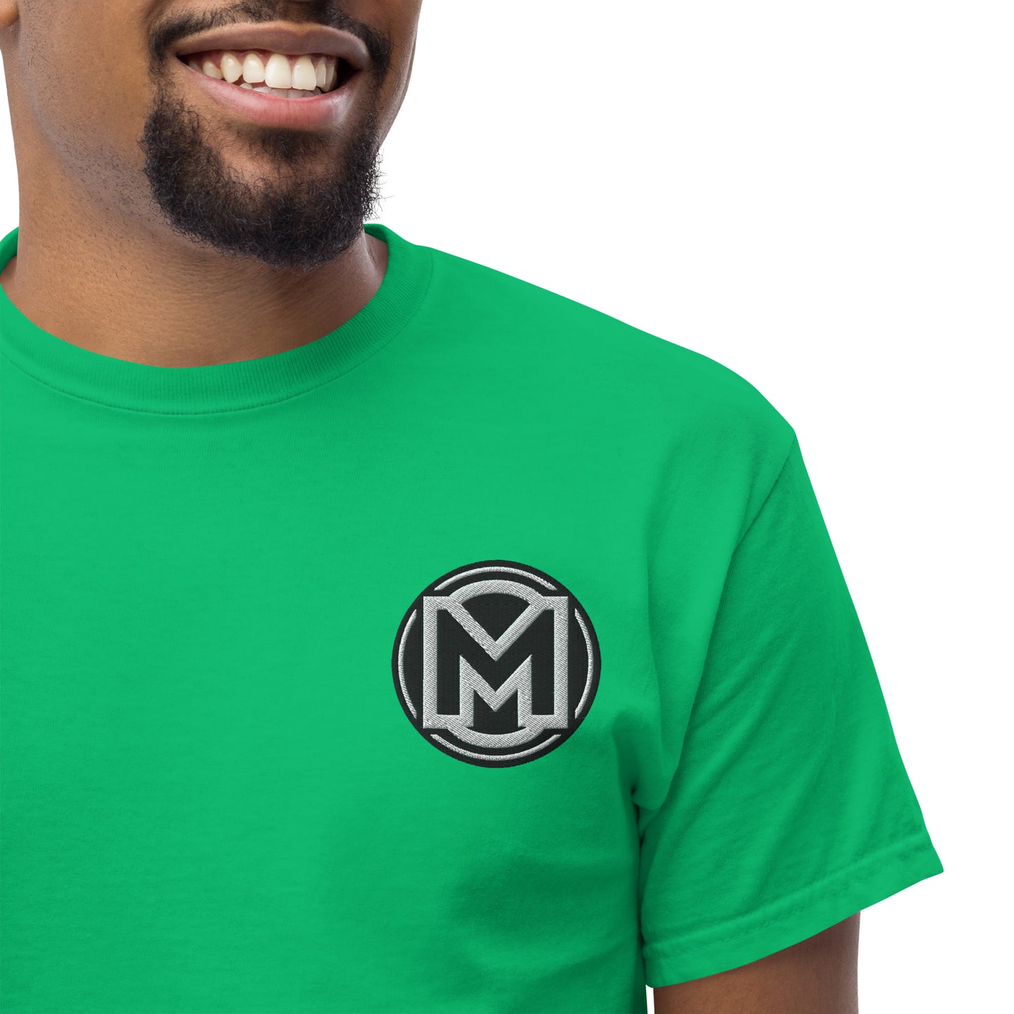 Front of Irish green Manly t-shirt with M logo on chest