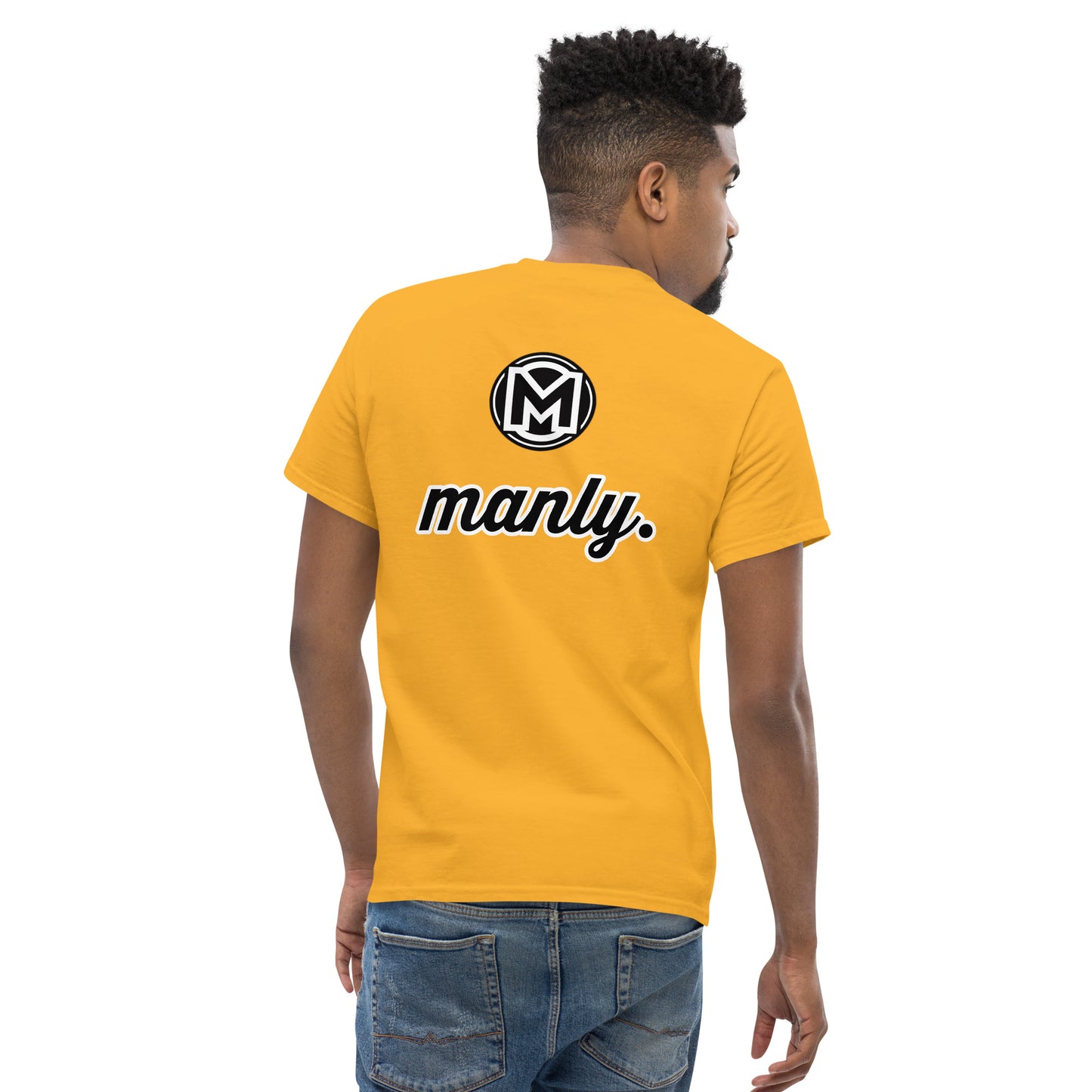 Back of gold Manly t-shirt with M logo and text 'Manly.
