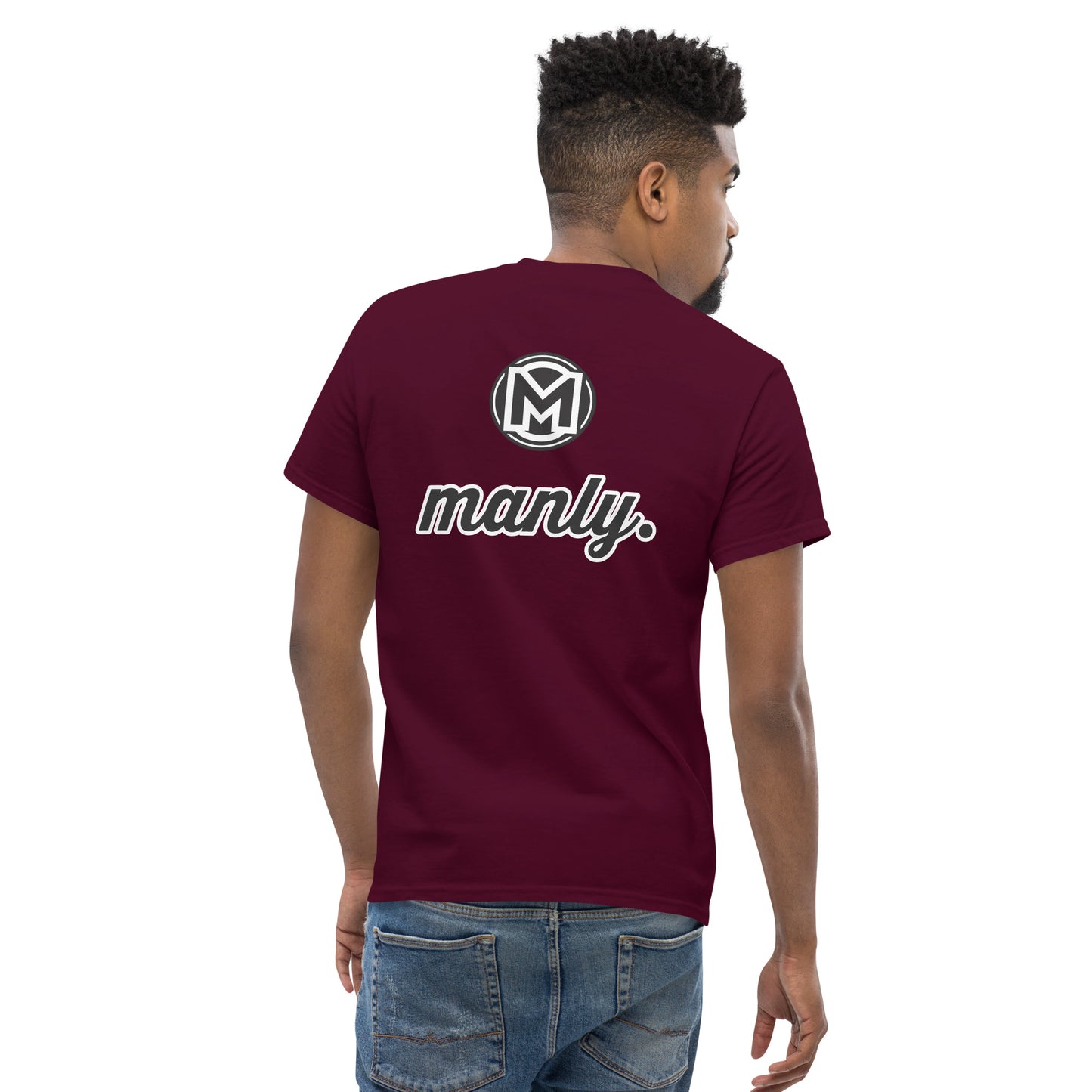Back of maroon Manly t-shirt with M logo and text 'Manly.'