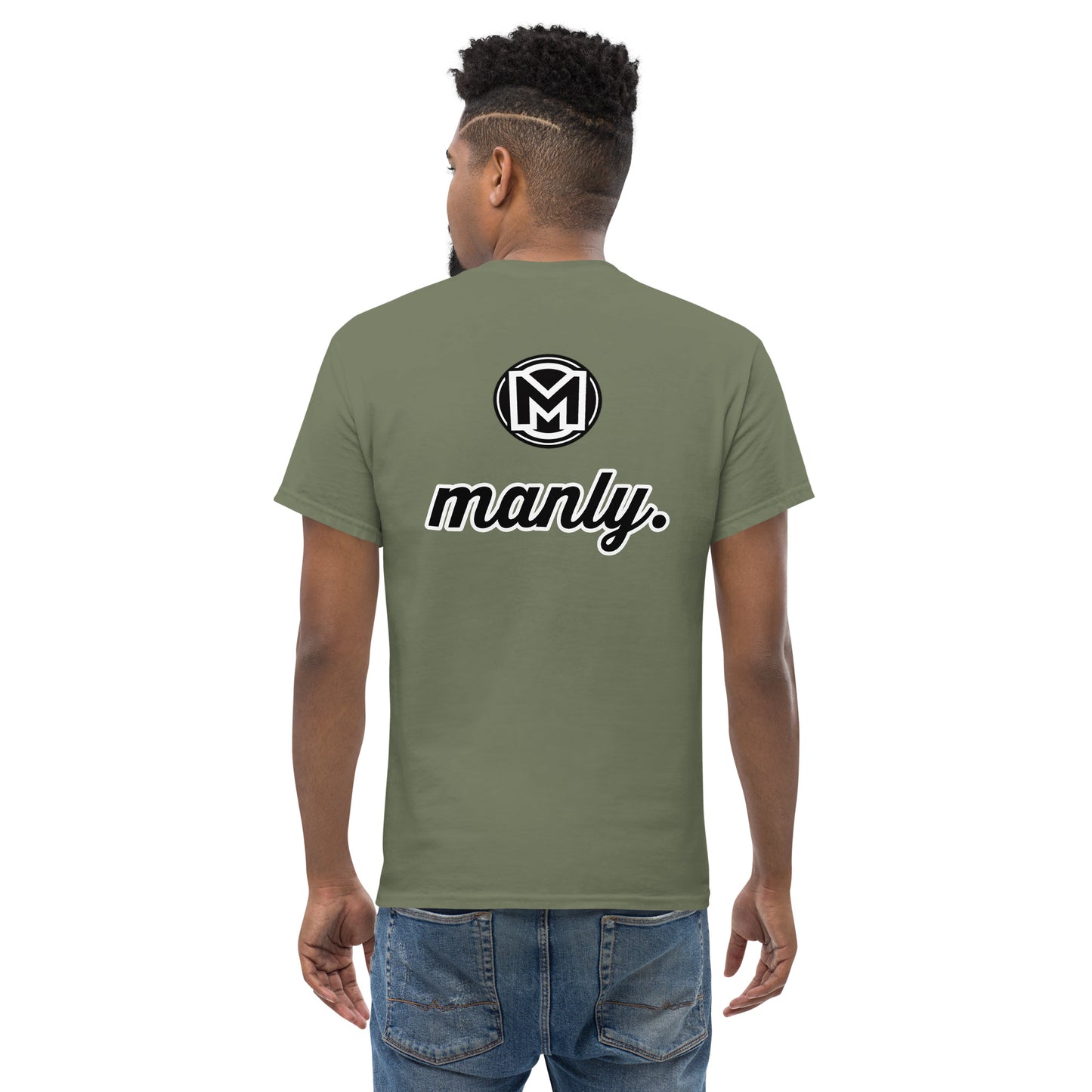 Back of military green Manly t-shirt with M logo and text 'Manly.