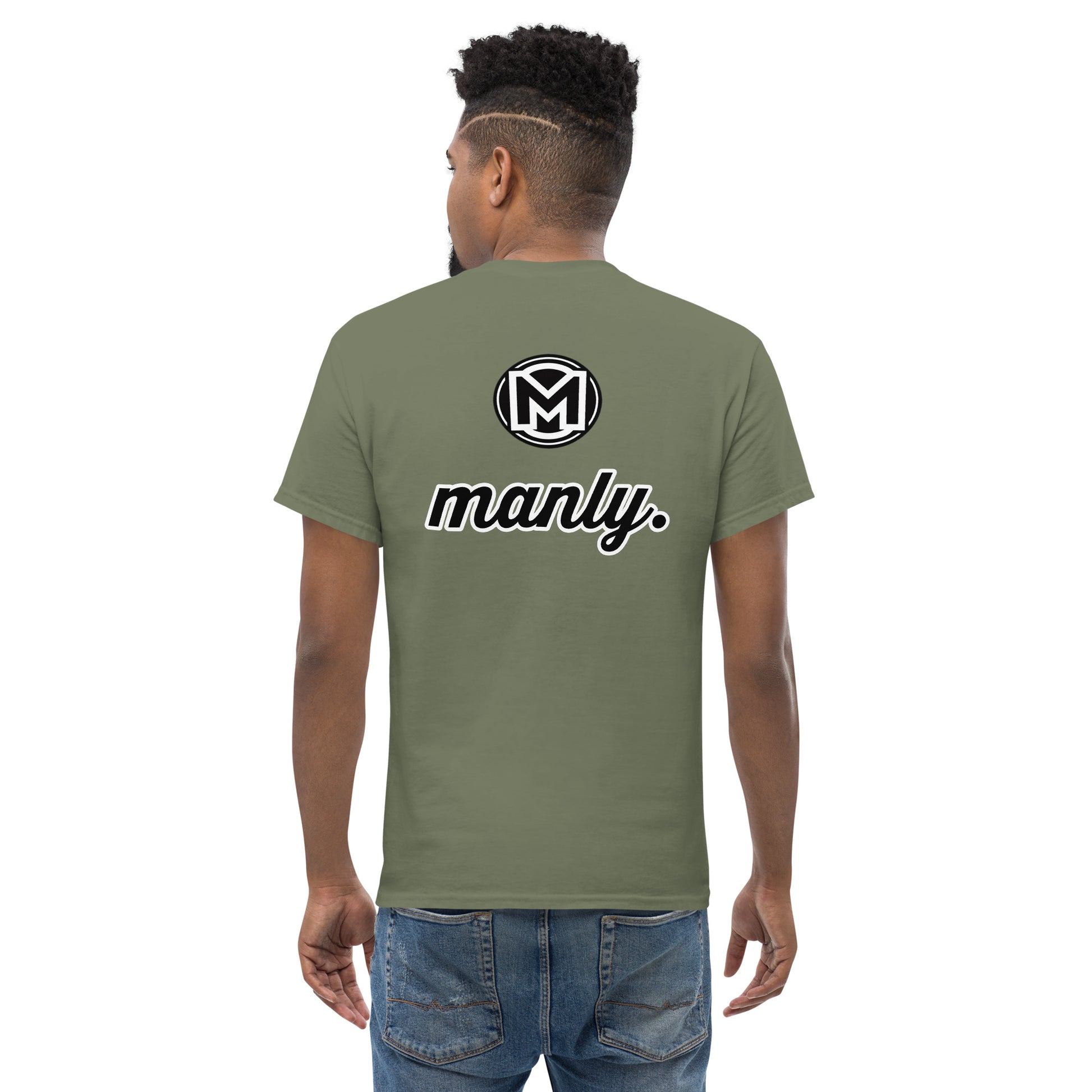 Back of military green Manly t-shirt with M logo and text 'Manly.