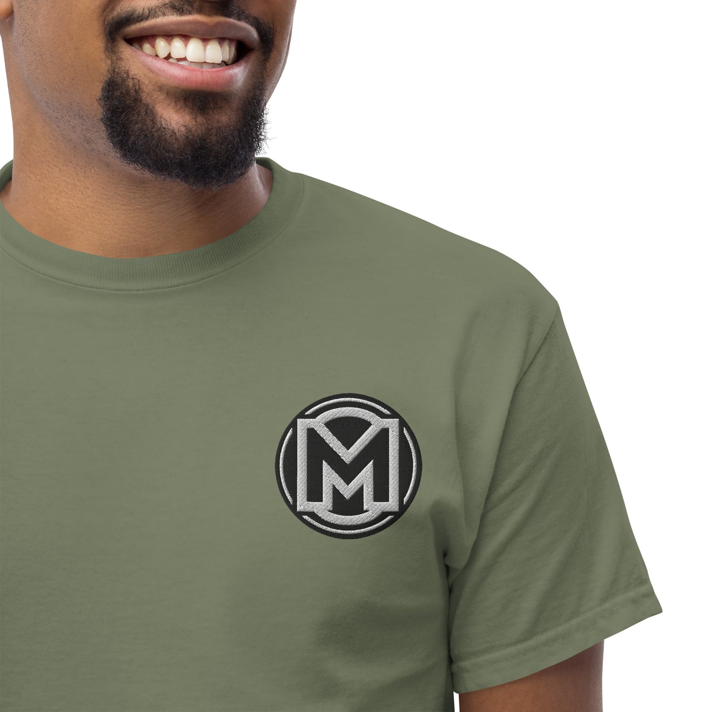Front of military green Manly t-shirt with M logo on chest