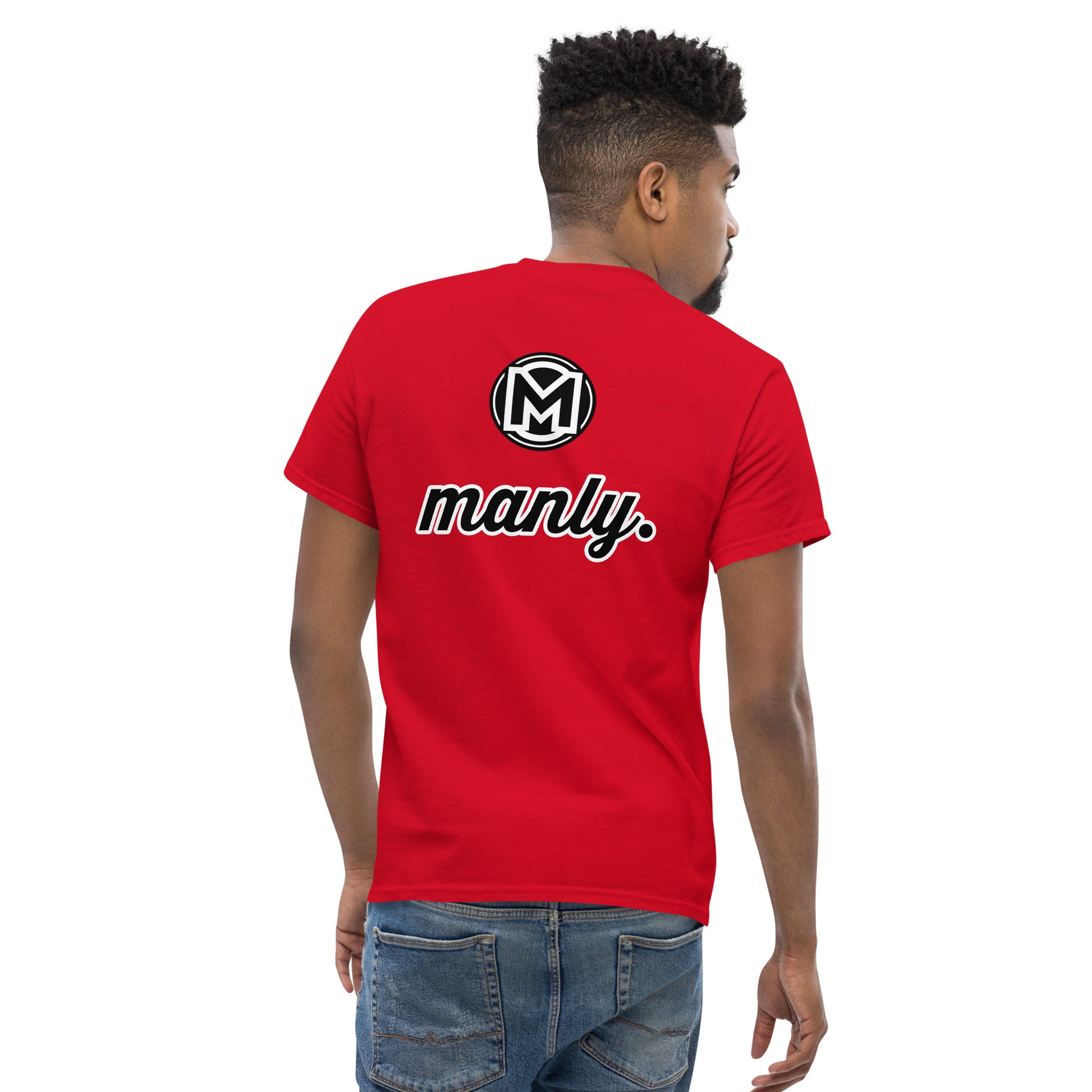Back of red Manly t-shirt with M logo and text 'Manly.