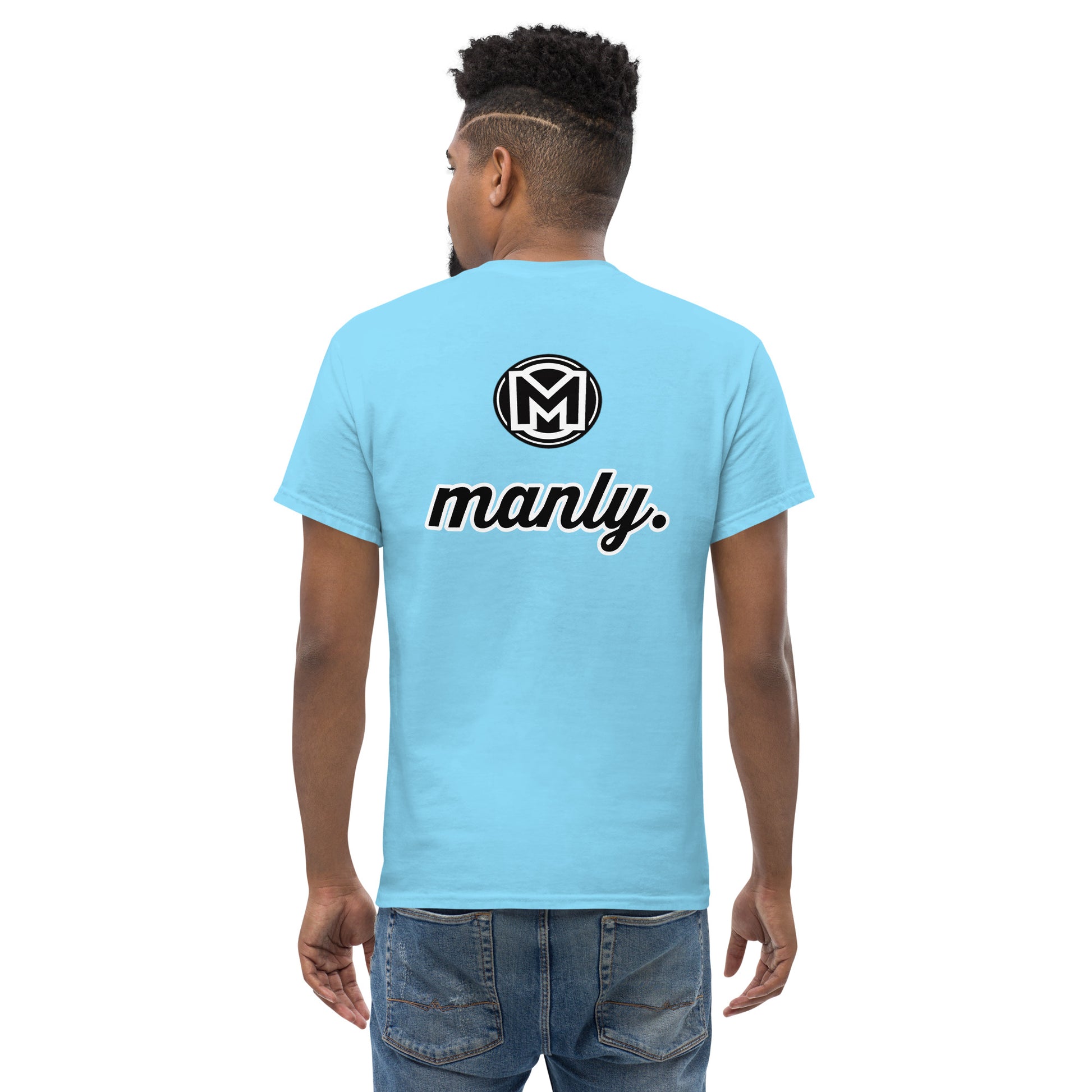 Back of sky Manly t-shirt with M logo and text 'Manly.