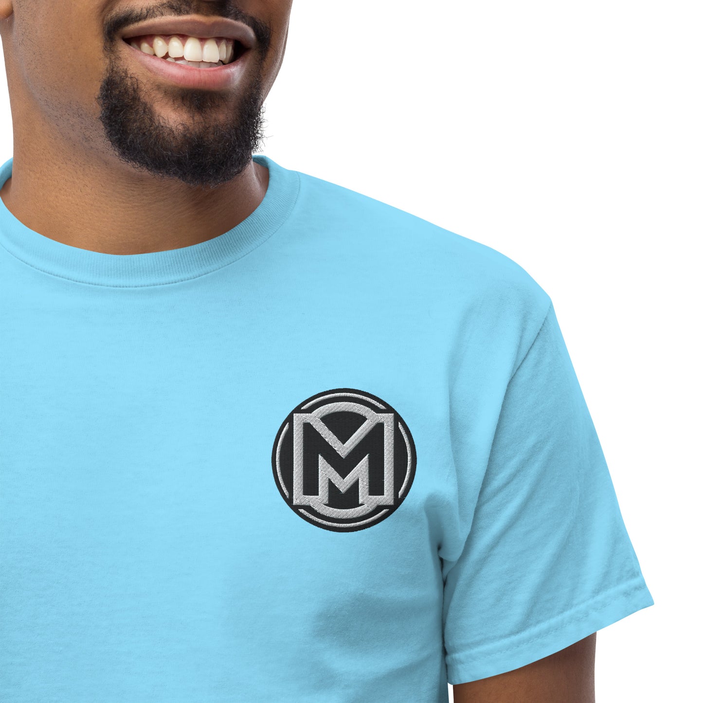 Front of sky Manly t-shirt with M logo on left chest