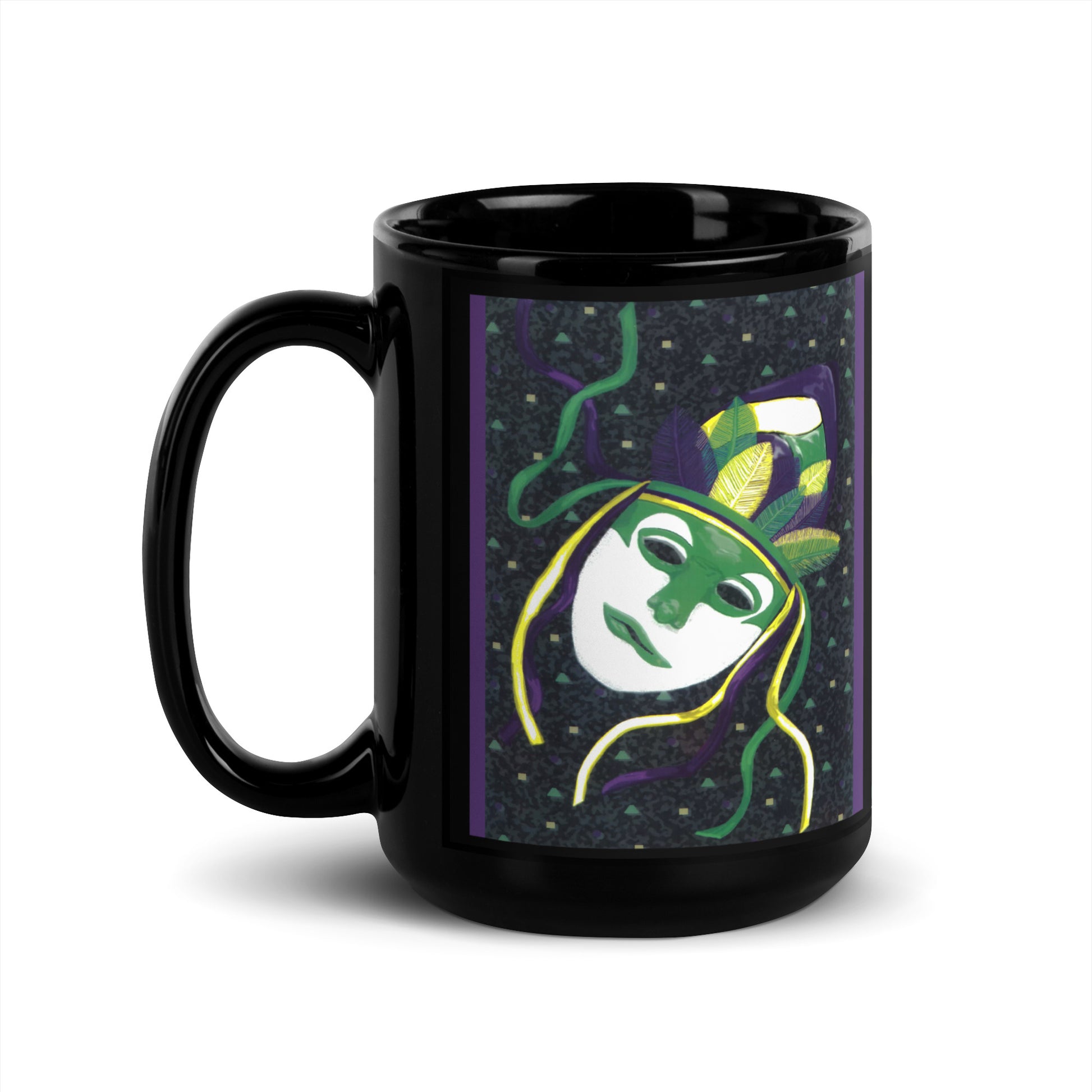 Left view of a black glossy mug with purple, green, yellow confetti background and a purple, green, yellow and white masked image