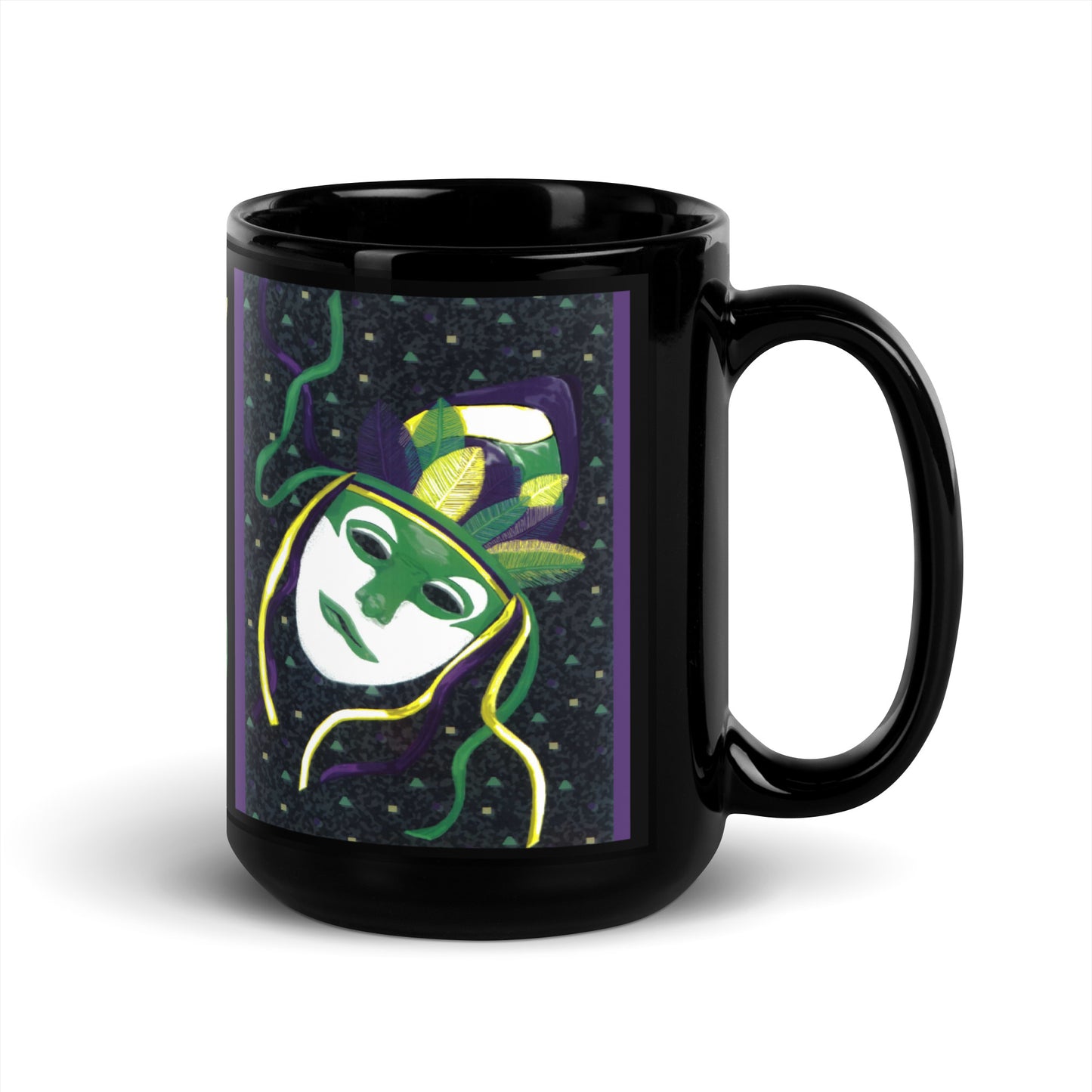 Right view of a black glossy mug with purple, green, yellow confetti background and a purple, green, yellow and white masked image