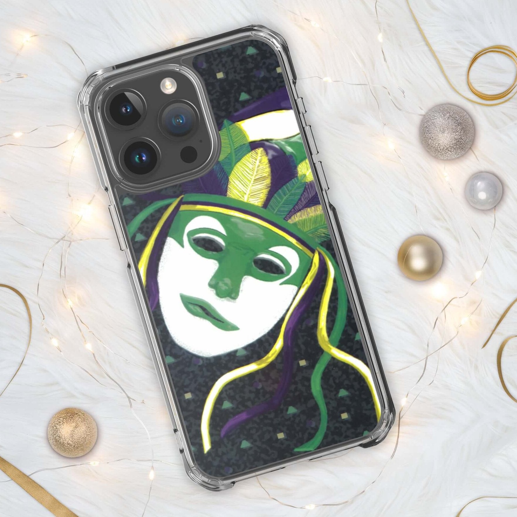 Front of iPhone clear case with a purple, green, yellow confetti background and a purple, green, yellow and white masked image