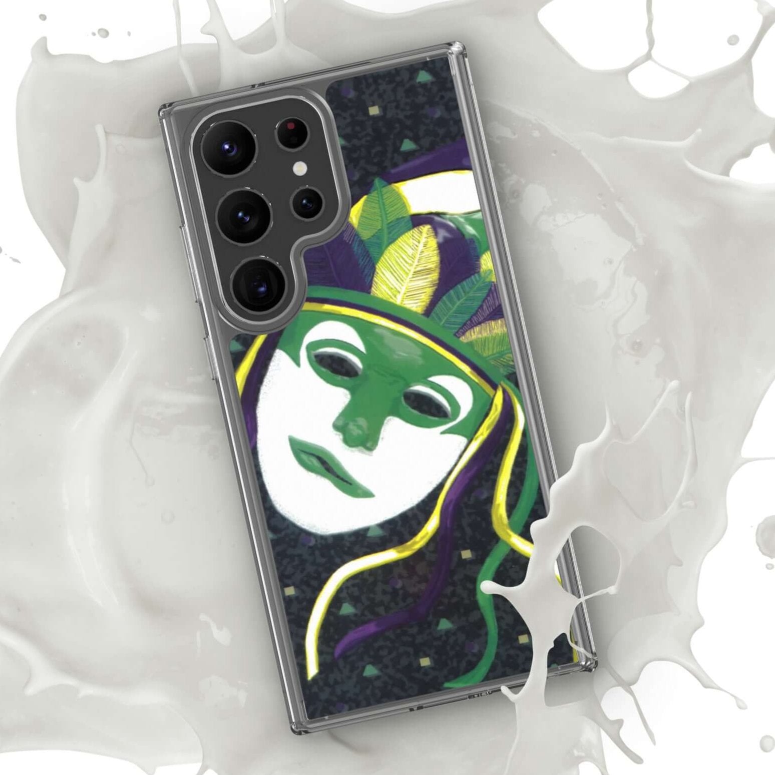 Front of Samsung clear case with a purple, green, yellow confetti background and a purple, green, yellow and white masked image