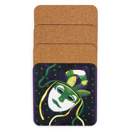 Cork back coaster with a purple, green, yellow confetti background and a purple, green, yellow and white masked image