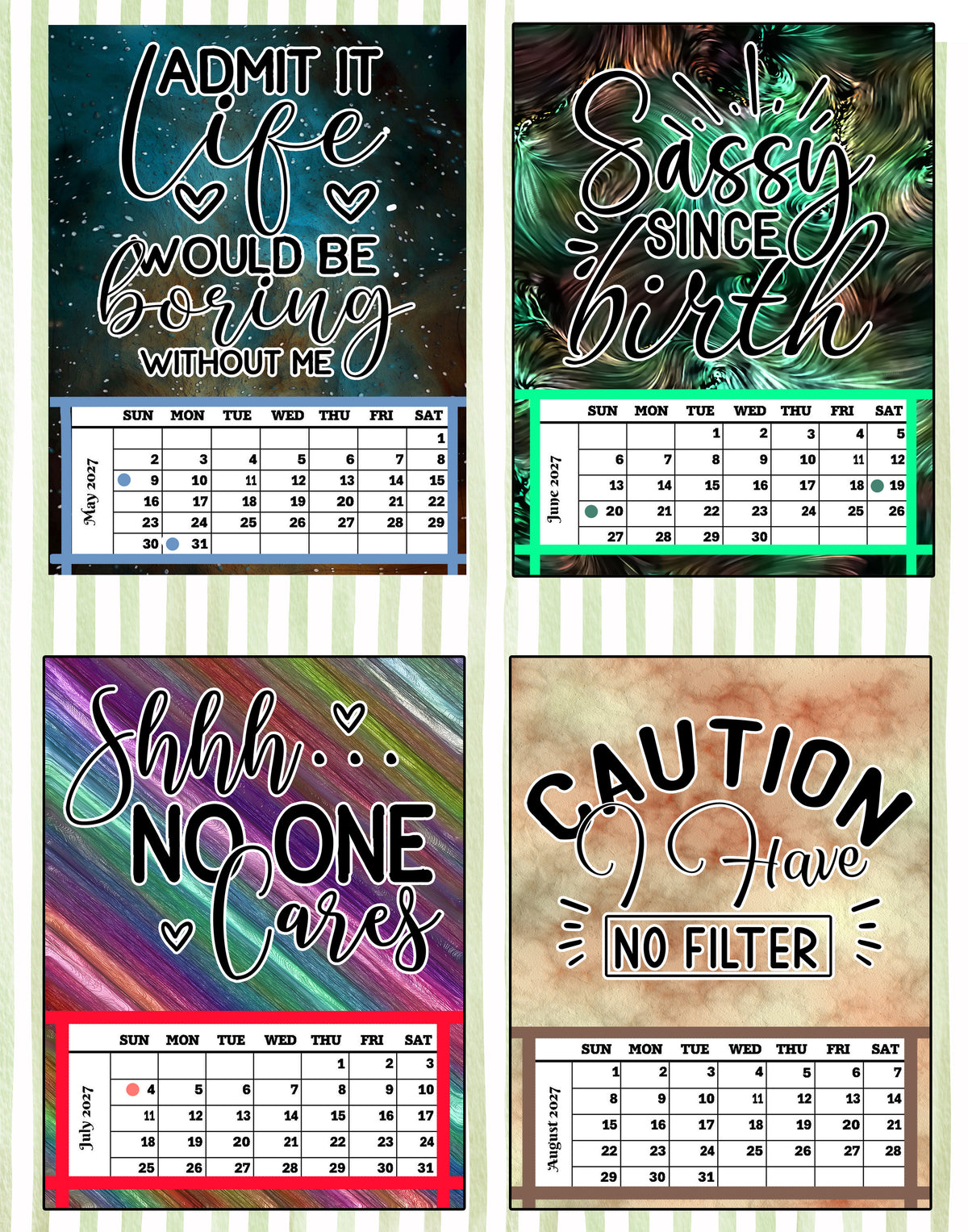 Year 2027 Calendar - That Sarcastic Spirit (Set of 3, 4-Month 11x14 Canvas Prints)