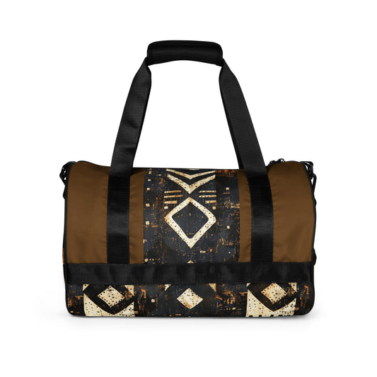 Back of black and brown African print gym bag