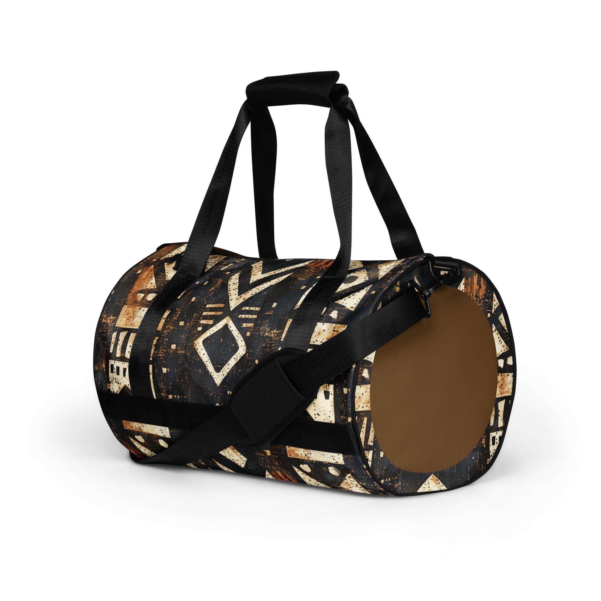 Left front of black and brown African print gym bag