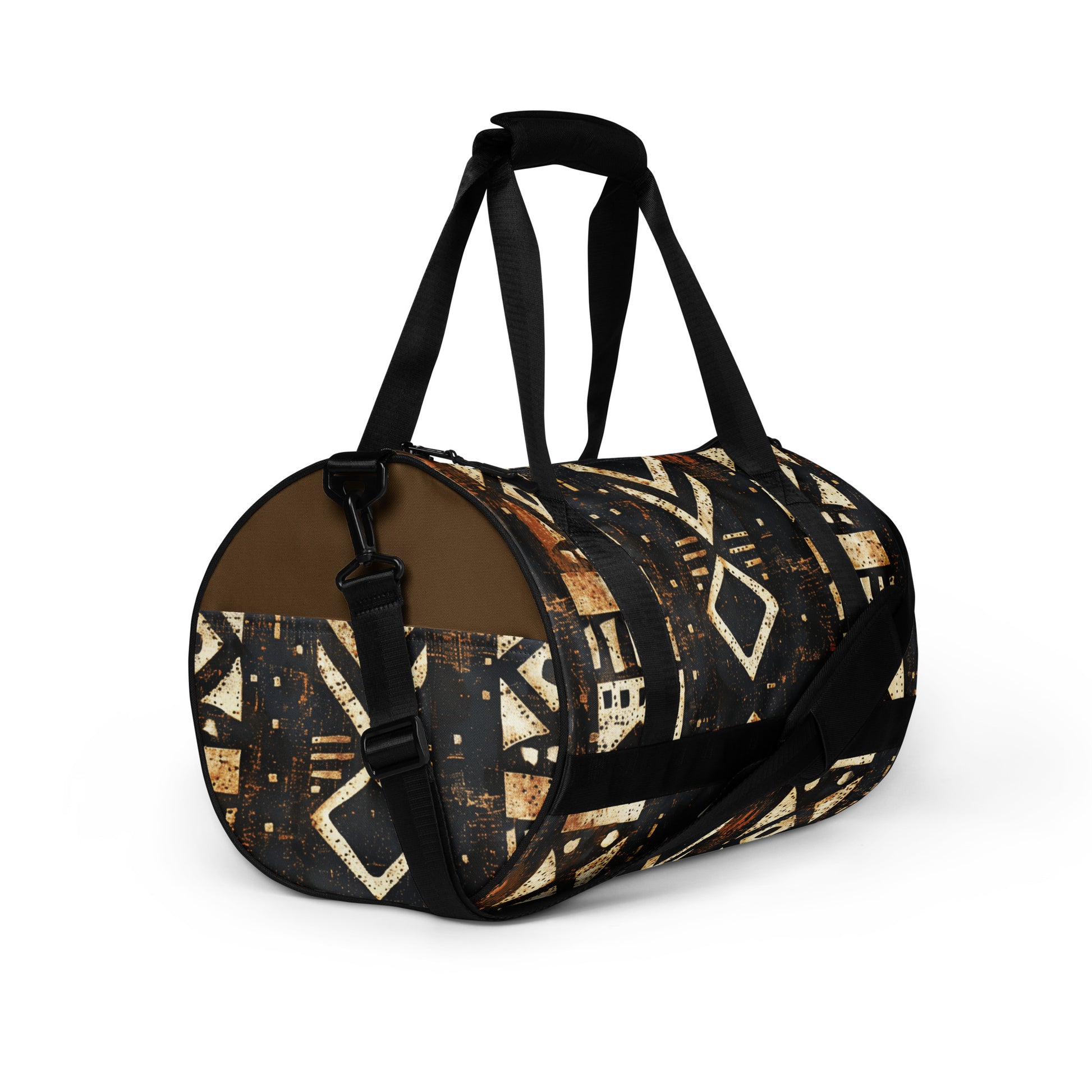 Right front of black and brown African print gym bag
