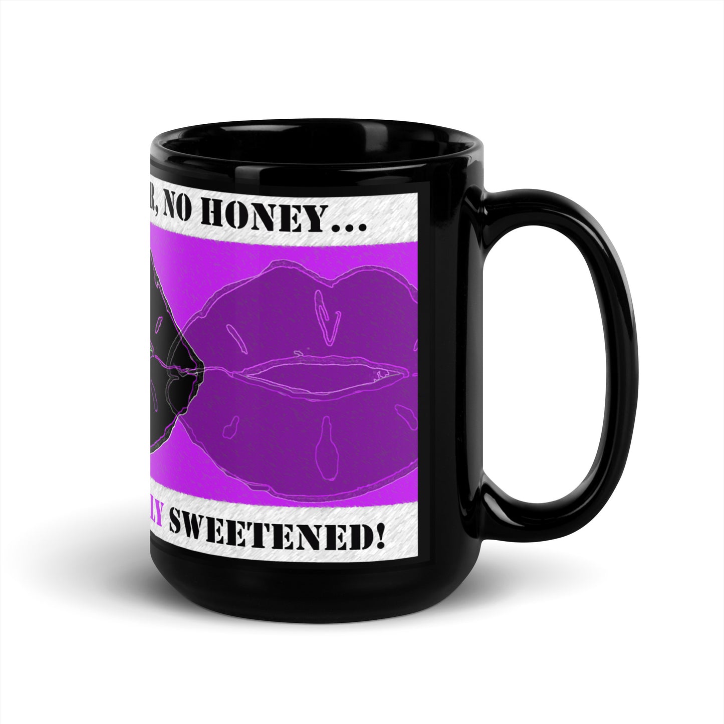 Right view of purple half lips and full black lips image on purple, front text saying 'no Splenda, no sugar, no honey' on top white banner, text saying 'my coffee is naturally sweetened' on bottom white banner on a black mug