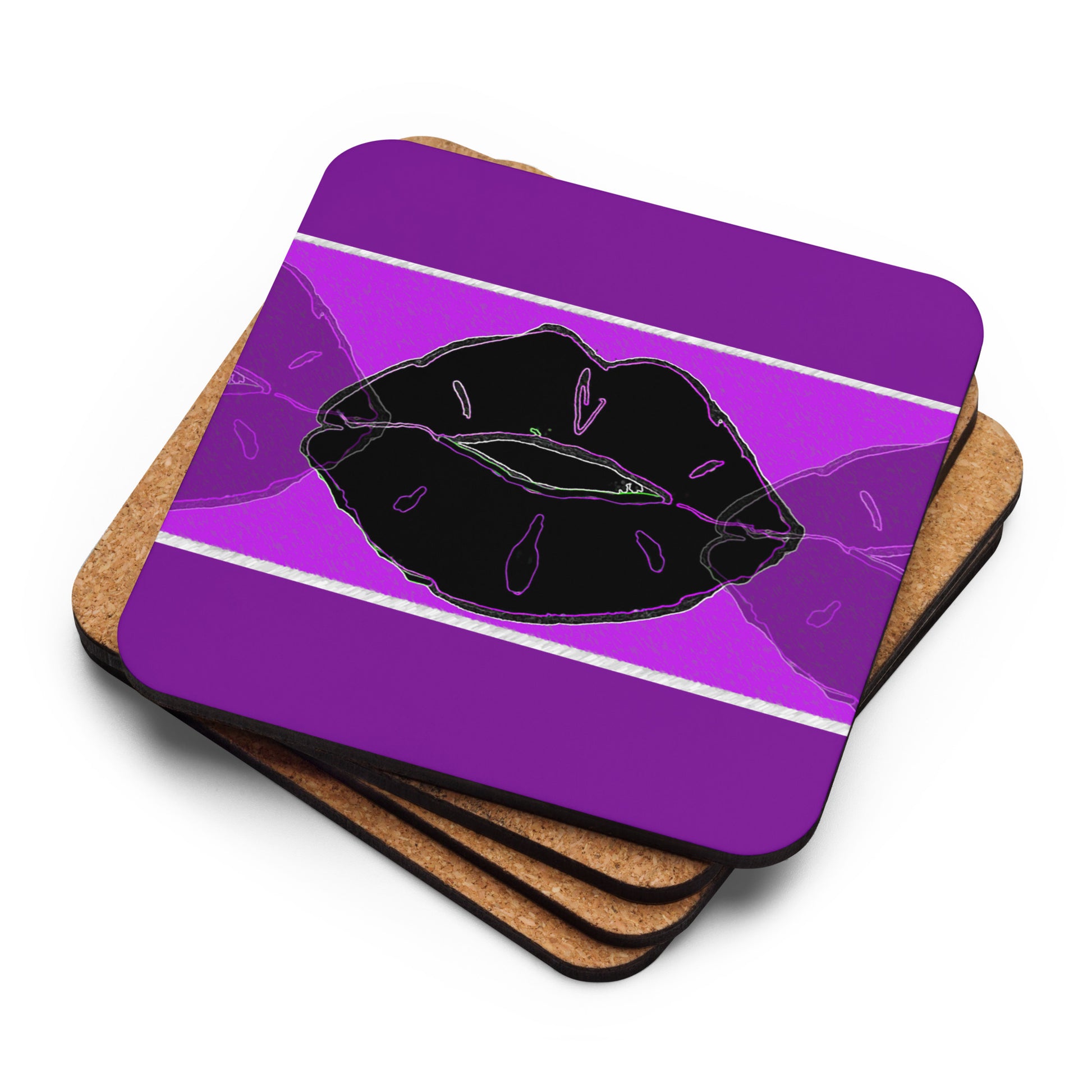 Cork back coaster with a purple background and purple hued middle banner with an image of a left half of a purple lip, a full black lip, and right half of a purple lip