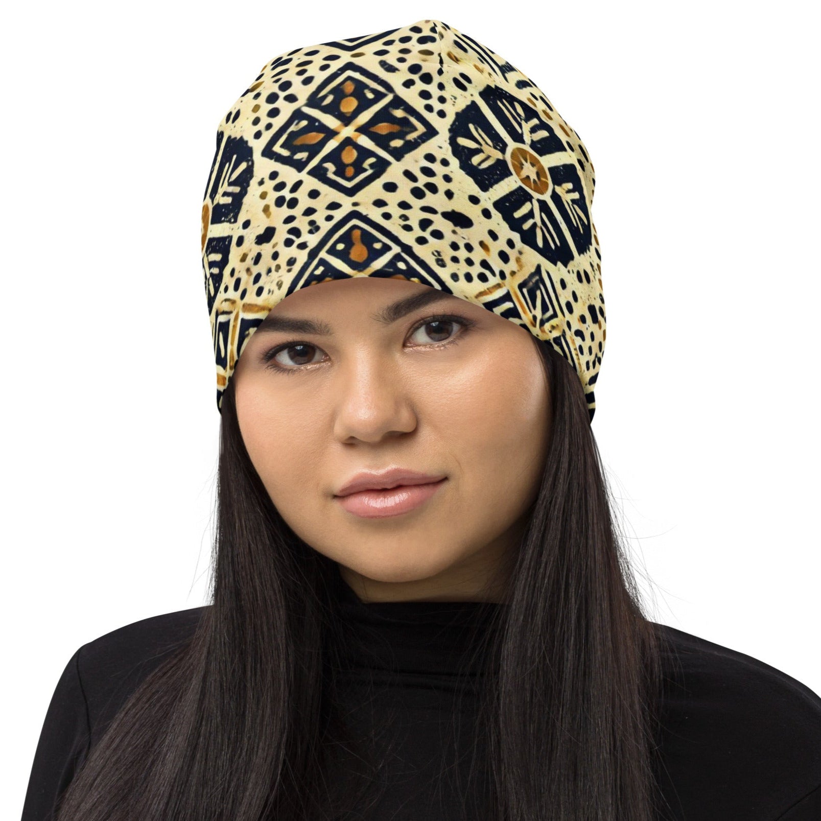 Front of navy and gold patterned beanie
