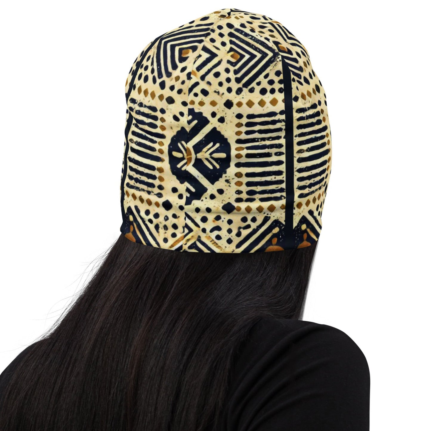 Back of navy and gold patterned beanie