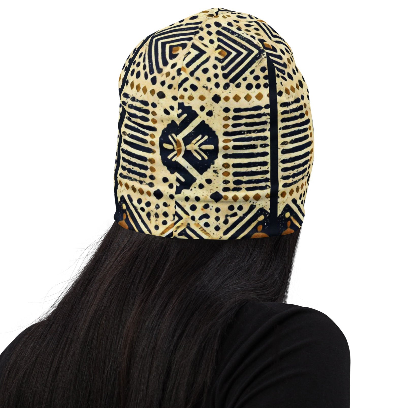 Back of navy and gold patterned beanie