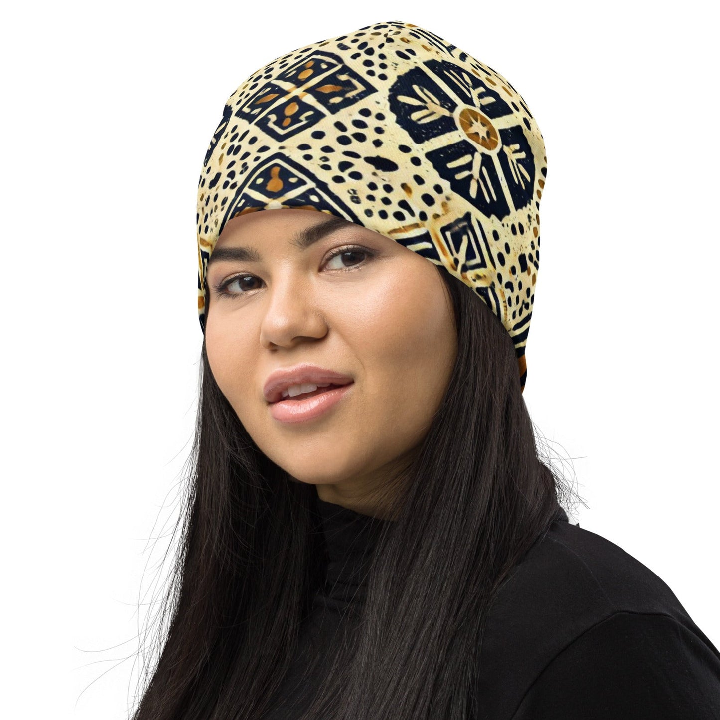 Left front of navy and gold patterned beanie