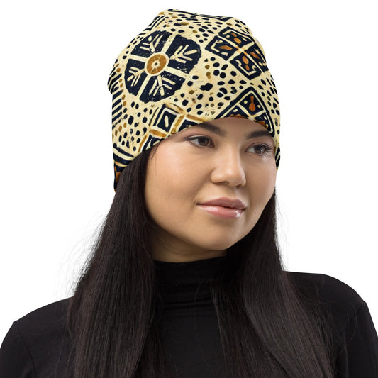 Right front of navy and gold patterned beanie
