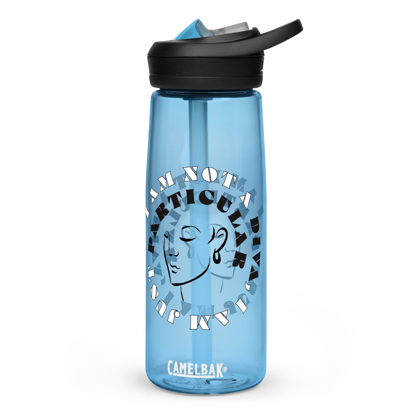 Front view of a blue plastic water bottle with black image of woman's face and black and white text saying I am not a diva I am just particular'