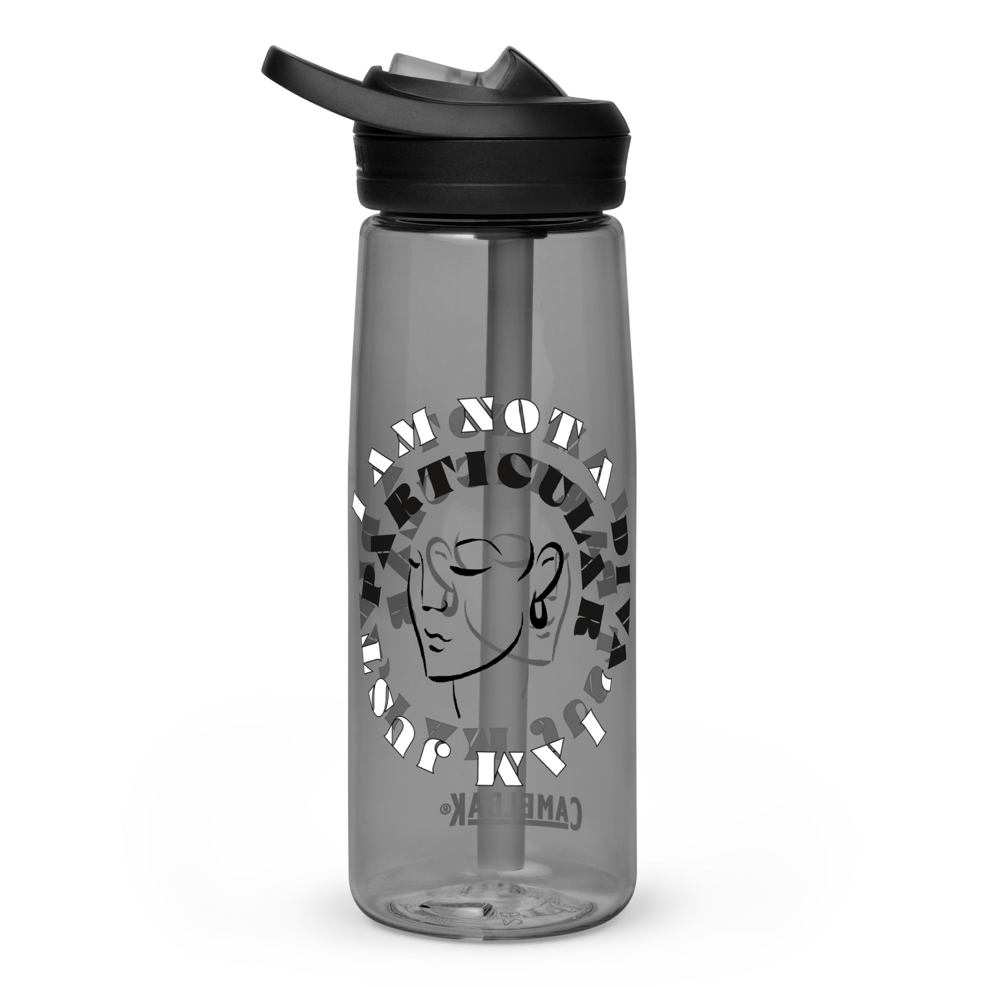 Back view of a charcoal plastic water bottle with black image of woman's face and black and white text saying I am not a diva I am just particular'