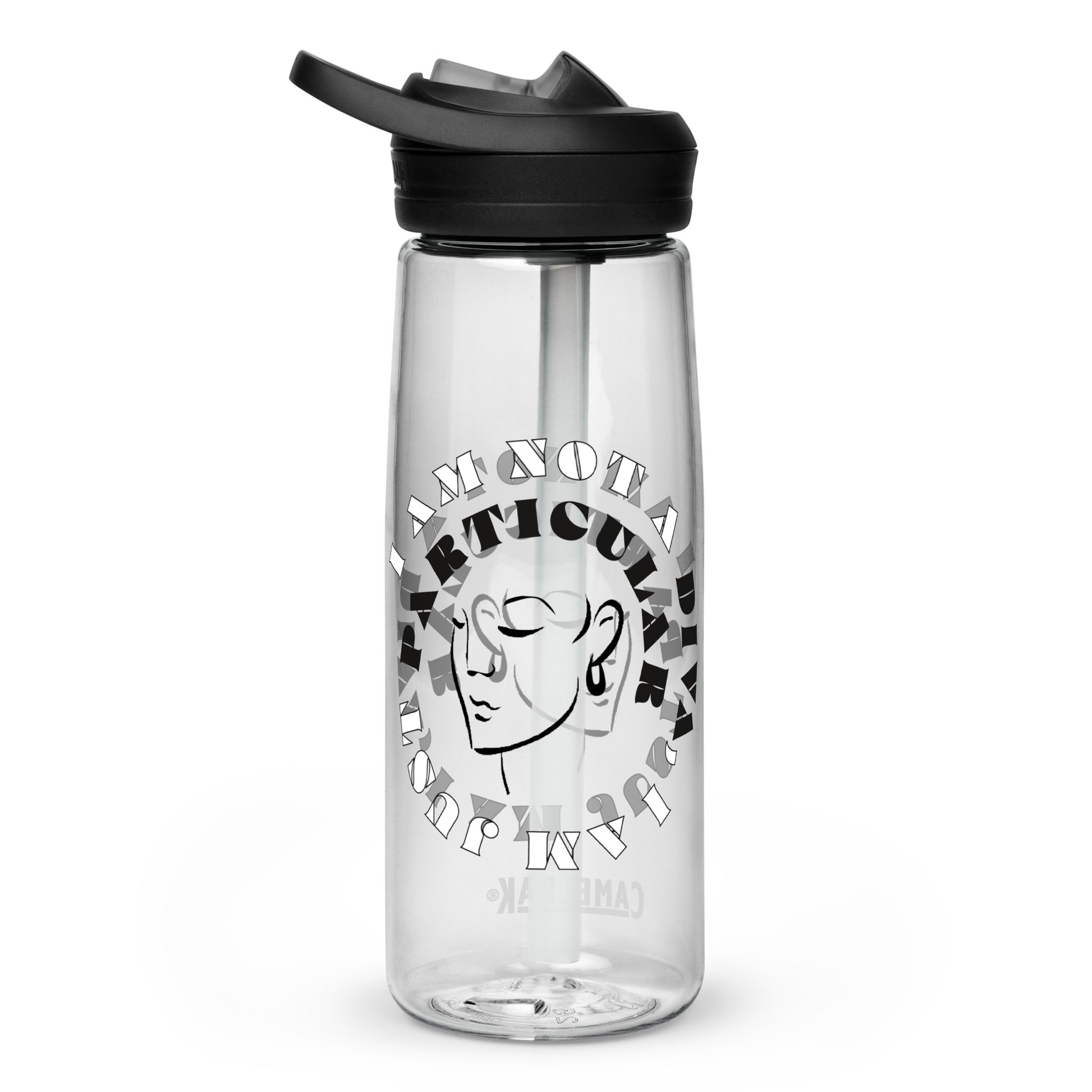 Back view of a clear plastic water bottle with black image of woman's face and black and white text saying I am not a diva I am just particular'