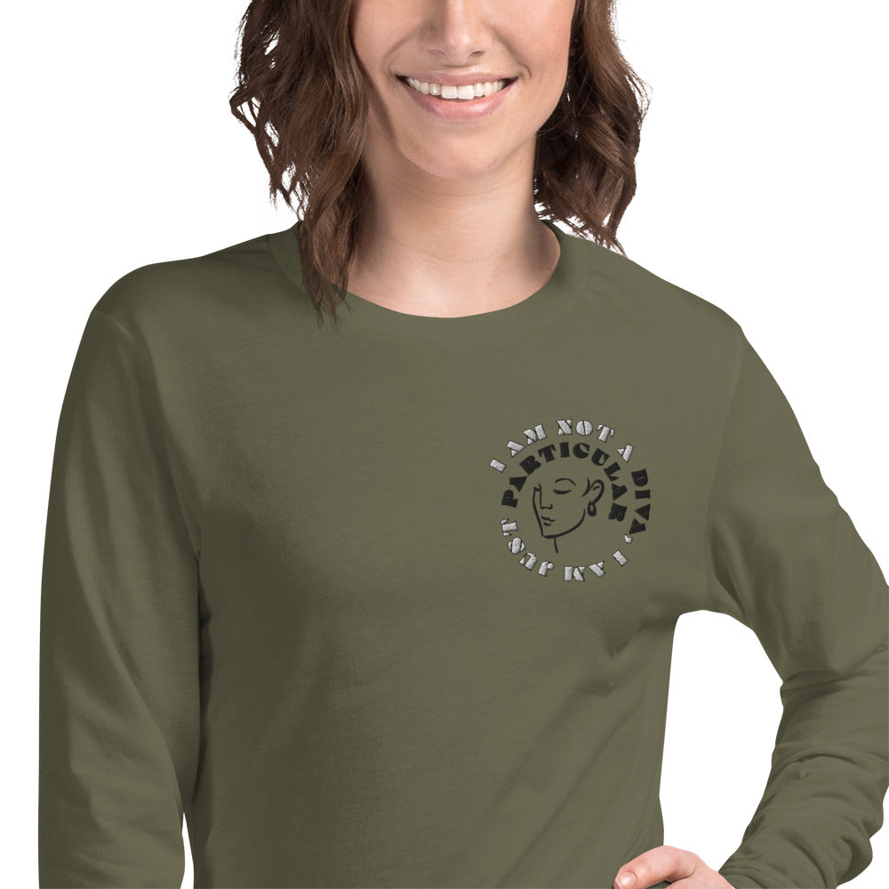 Front of military long sleeved t-shirt with image of woman's face and text saying 'I am not a diva, I am just particular'