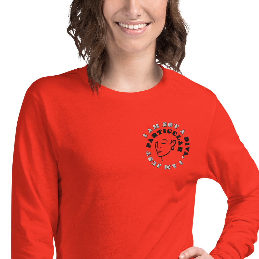 Front of poppy long sleeved t-shirt with image of woman's face and text saying 'I am not a diva, I am just particular'