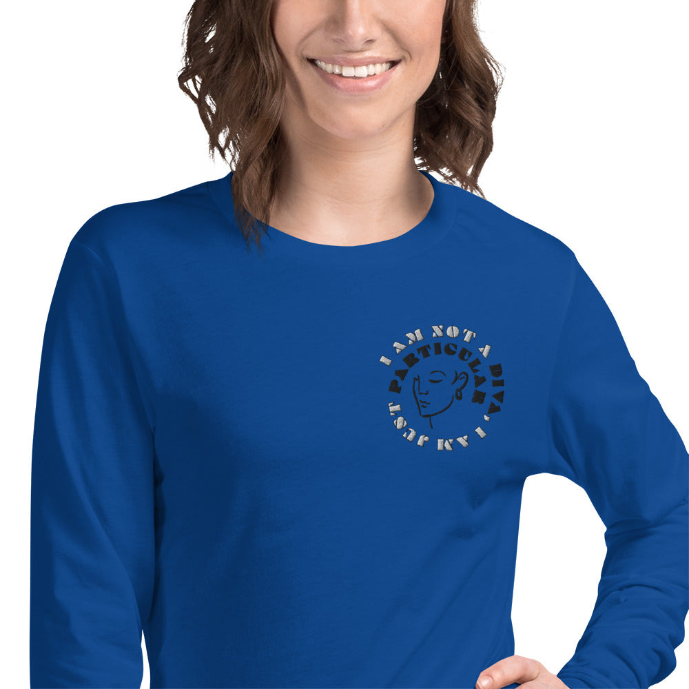 Front of true royal long sleeved t-shirt with image of woman's face and text saying 'I am not a diva, I am just particular'