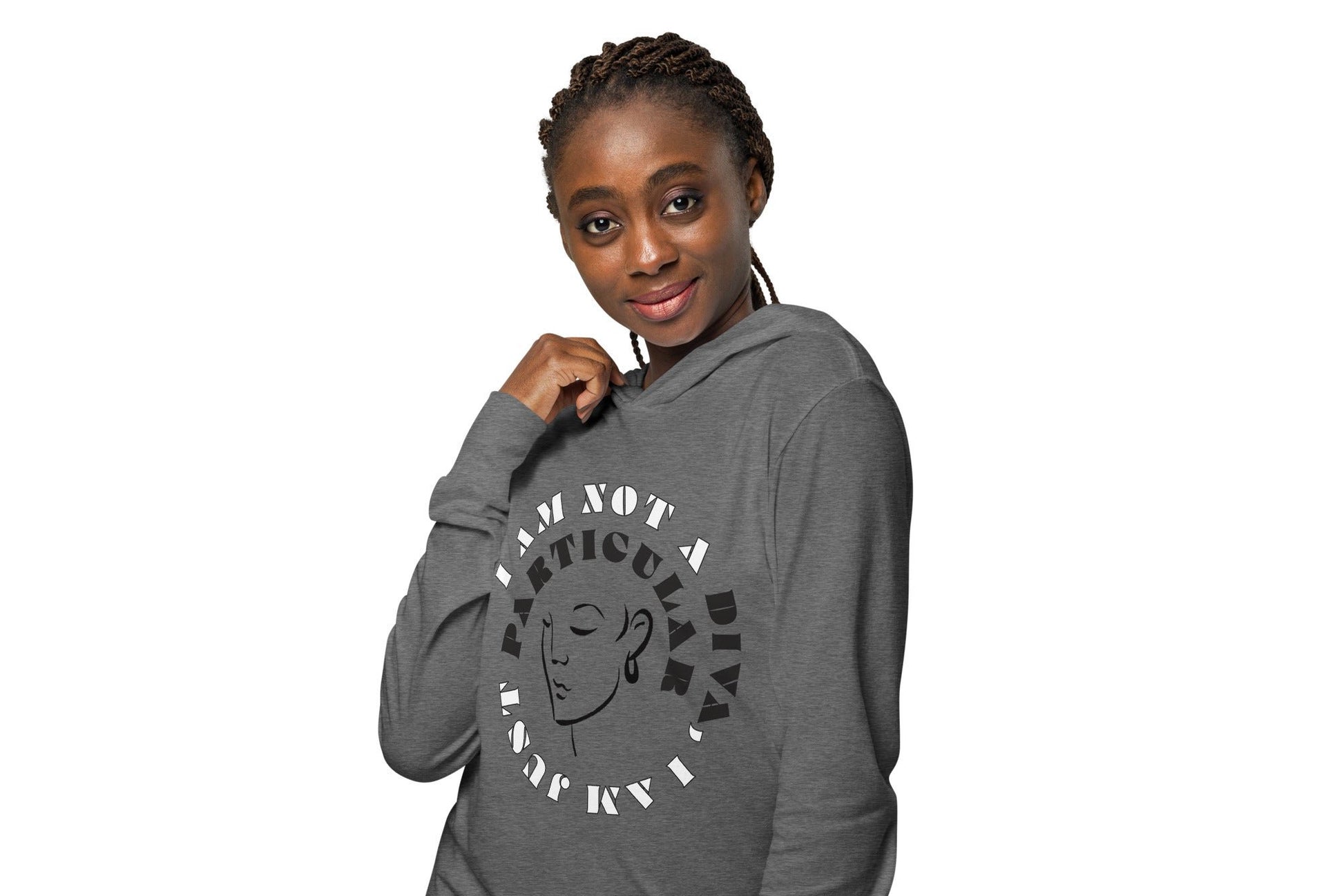 Front of grey hoodie tee with black image of woman's face encircled by black and white text saying 'I am not a diva, I am just particular'