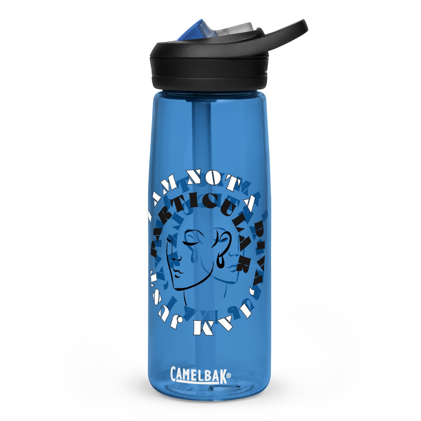 Front view of a oxford blue plastic water bottle with black image of woman's face and black and white text saying I am not a diva I am just particular'