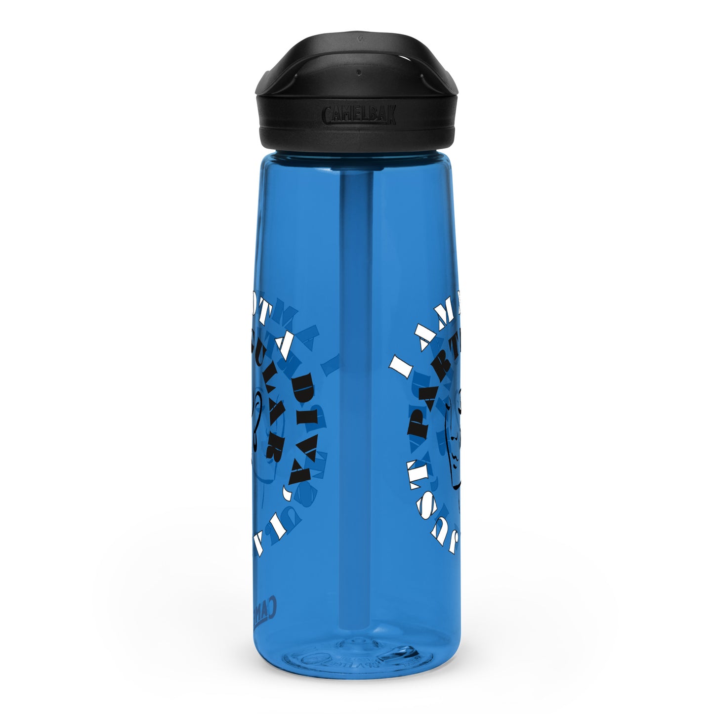 Left view of a oxford blue plastic water bottle with black image of woman's face and black and white text saying I am not a diva I am just particular'