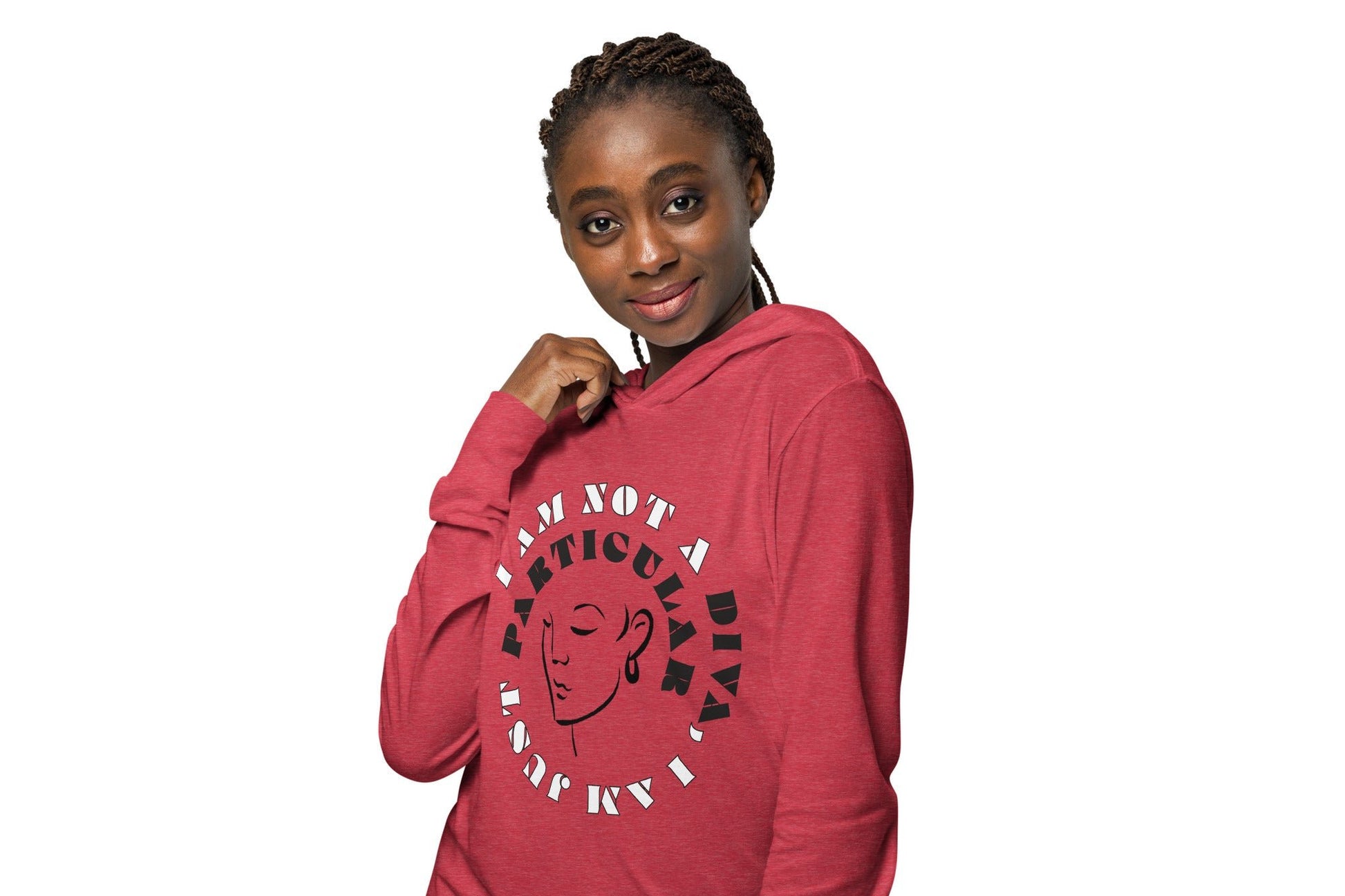 Front of red hoodie tee with black image of woman's face encircled by black and white text saying 'I am not a diva, I am just particular'